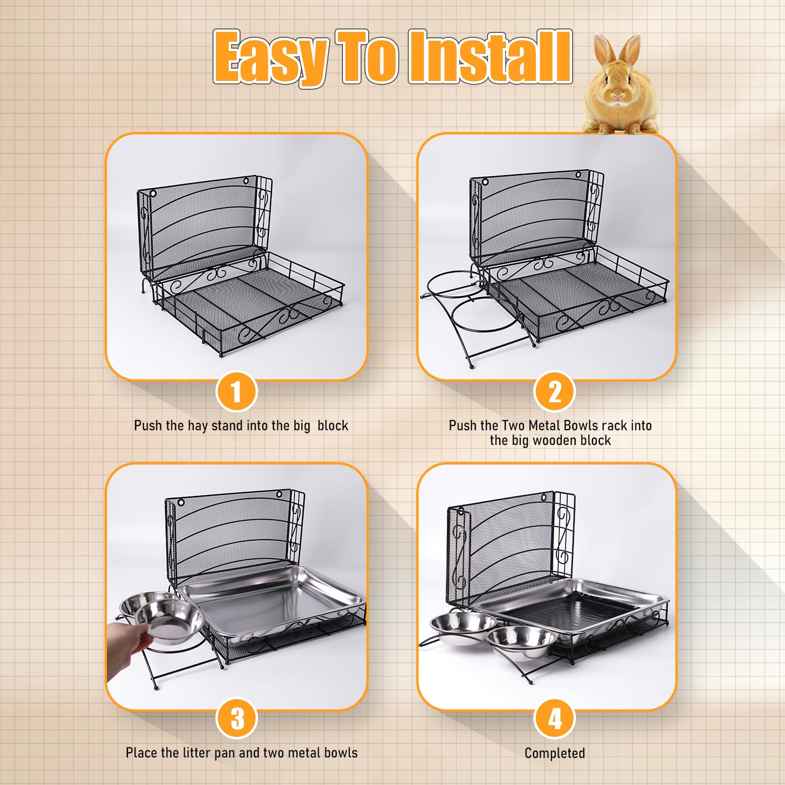 Kaninchen-Heu-Futterstation mit Katzentoilette, 3-in-1 Hasen-Futterstation aus Metall, kein Durcheinander, für Kaninchen, Heu, Halter, WC, mit Wasser-Futterstation, 2 Schalen für