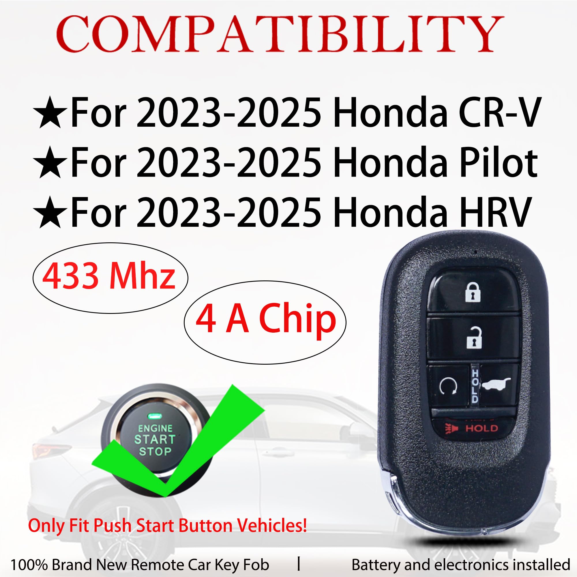 Telecomando di ricambio per telecomando intelligente compatibile con Honda CR-V Pilot HRV KR5TP-4 2023 2024 Proxy Keyless Entry Pulsante di avvio 72147-T43-A11 433 MHz
