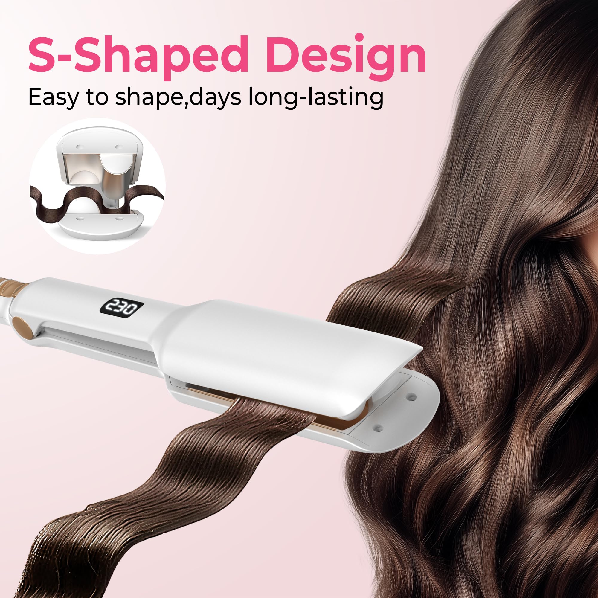 OKWRAP Boucleur a Cheveux, 32mm Fer a Gaufrer Les Cheveux Convient Aux Wavy Cheveux, Fer a Friser Boucler, Gaufrier Cheveux 12 Réglages de Température, Blanc Doré