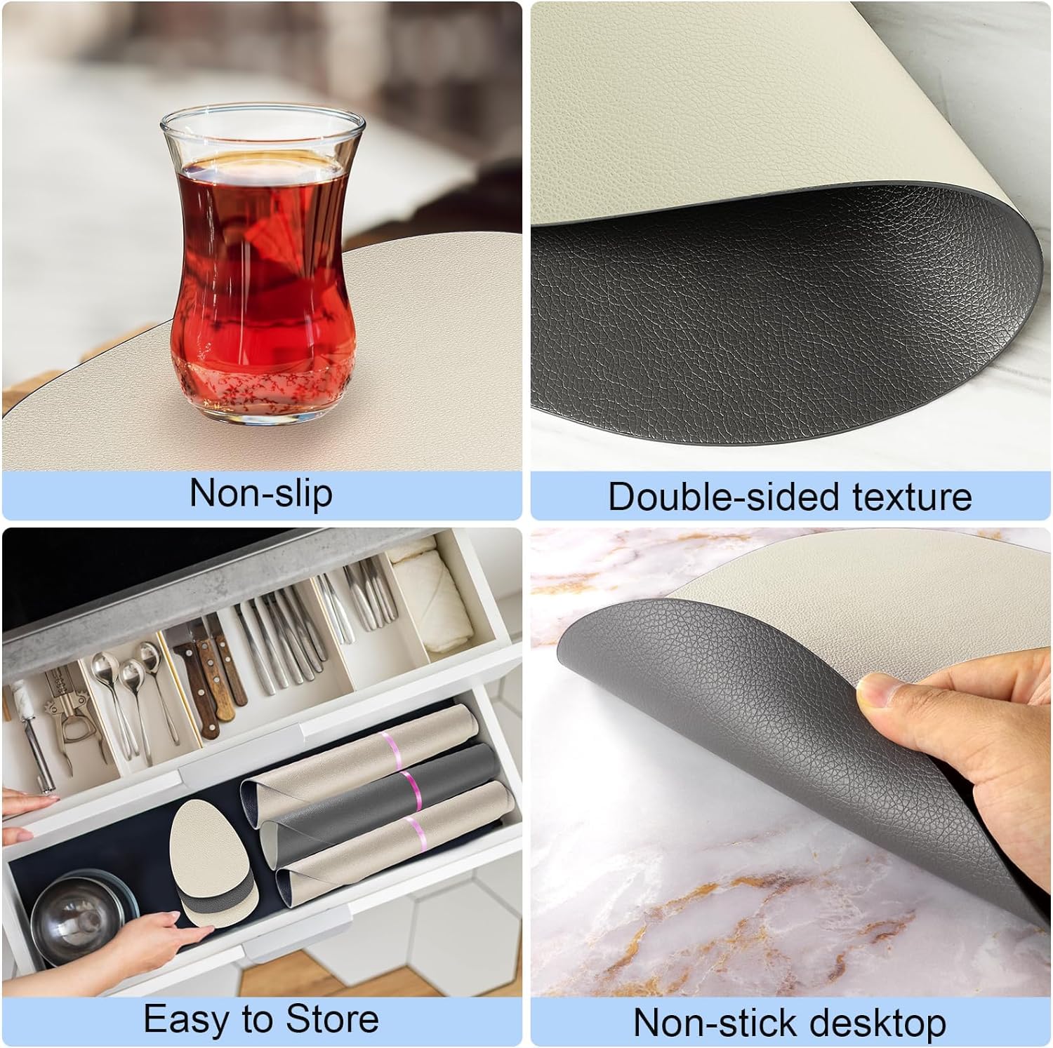 Set van 6 afwasbaar, placemats, leer, rond, dubbelzijdig antislip, afwasbaar, kunstleer, beige en grijs
