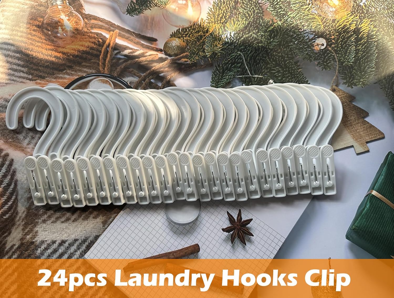 24pcs Laundry Hooks with Clips Super Strong Plastic Clothes Hangers Pins | Single Clip Hangers,Clothes Pins for Towel,Portable Travel Hangers with Clips to Hang Bras Socks Hats and Boots,White