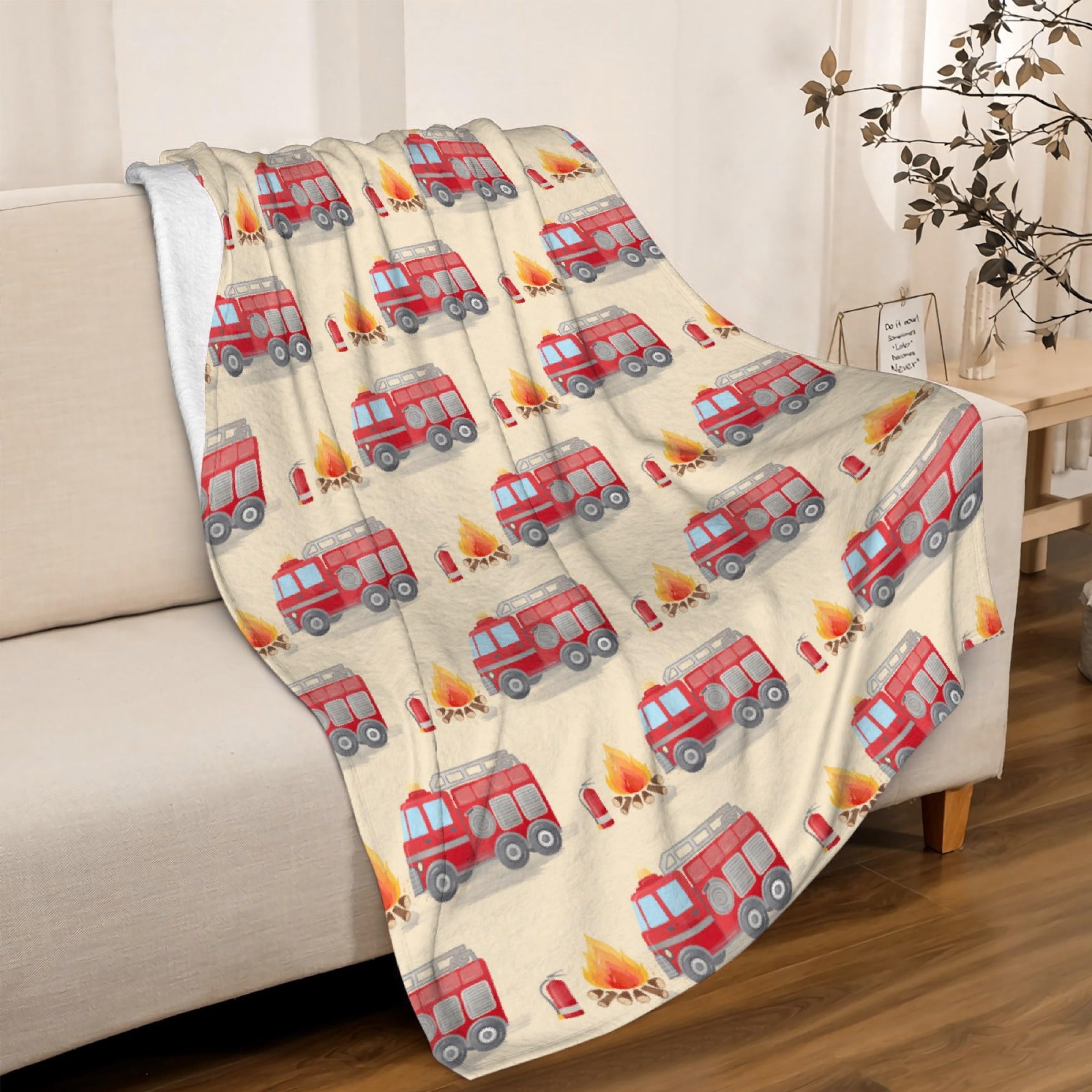Fire Truck Fleece Throw Blanket - Cozy Flannel Air Conditioning Blanket for Couch, Bed - 80x60 inches - Adult
