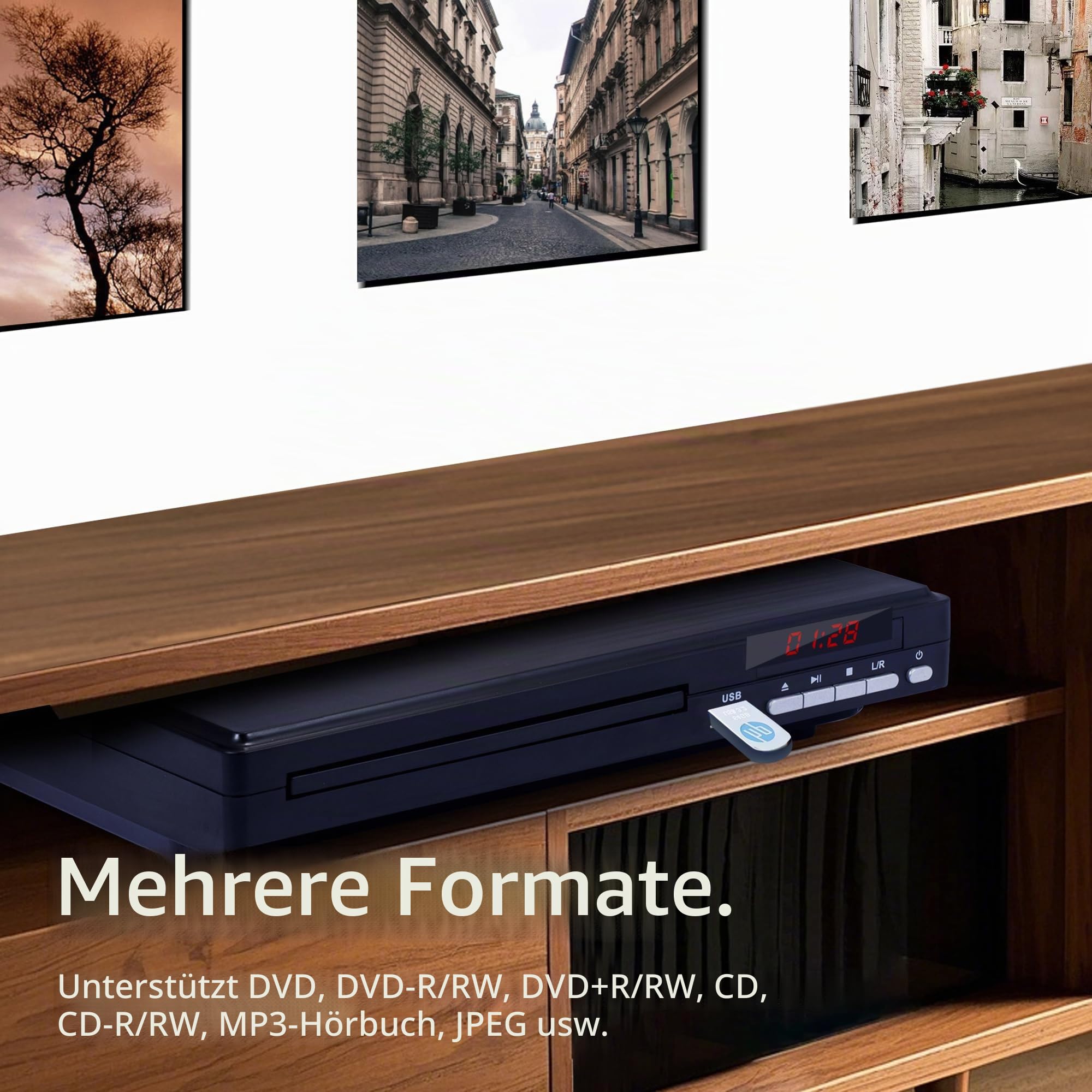 DVD-Player für Fernseher, 1080P HD-DVD-Player für Zuhause, alle Regionen, kostenloser kompakter Mini-CD-Player mit HDMI- und AVI-Kabel, USB-2.0-Anschluss, Fernbedienung, integriertes PAL