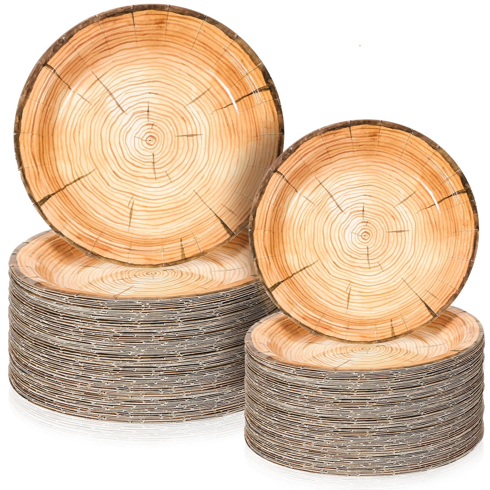 Tioncy 150 platos de papel de grano de madera de 7 pulgadas y 9 pulgadas, plato de madera rústica redonda desechable para fiesta de cumpleaños del bosque, baby shower, leñador, suministros de fiesta