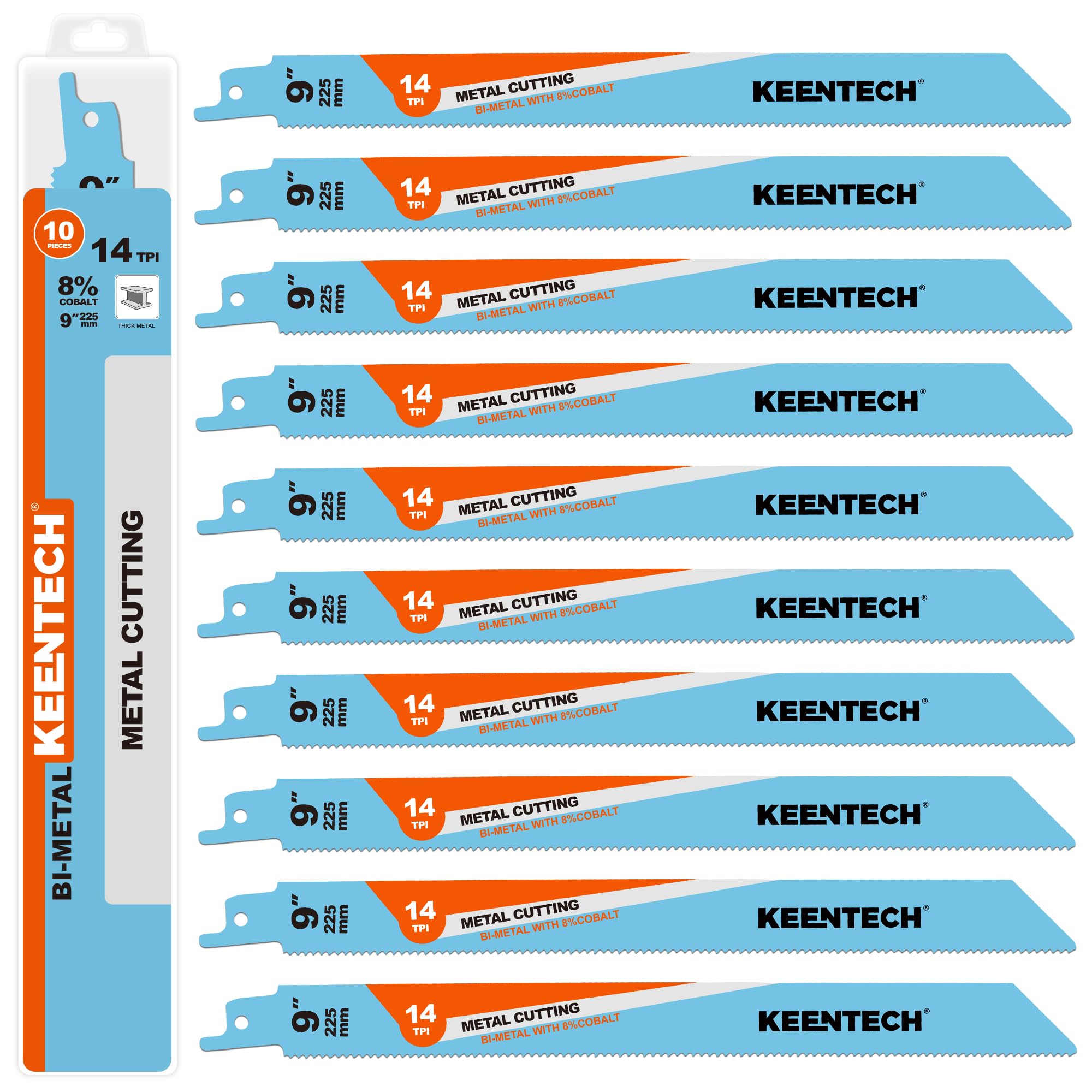KEENTECH 225mm Bi-Metal Reciprocating Saw Blade, 14 TPI, for Cutting Sheet Metal, Profiles or Piping, Compatible with Milwaukee Sawzall and Other Reciprocating Saws (10-Pack)
