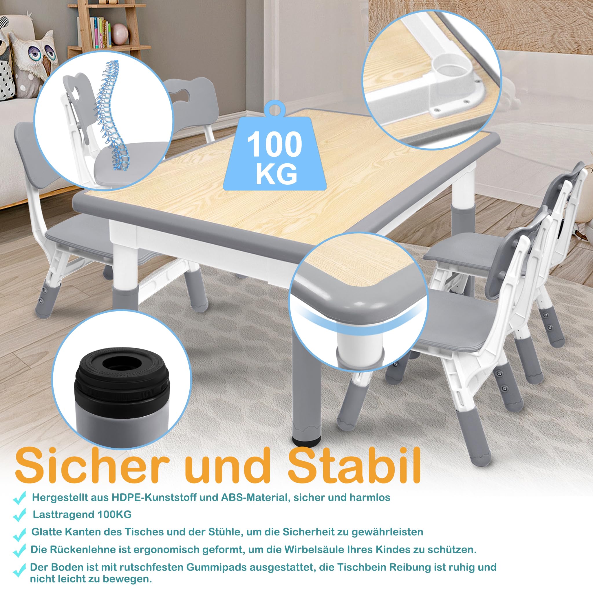 Aufun Tavolo per bambini con set di 4 sedie, dinette regolabile in altezza