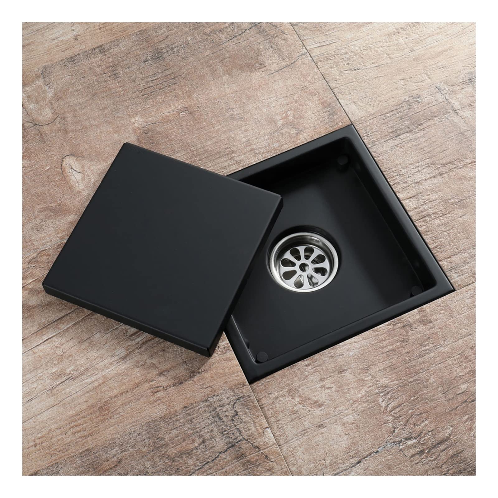 floor drain， Square 5.9 inch Floor Drain 304 Stainless Steel Invisible with Hair Catcher and Removable Cover,Black