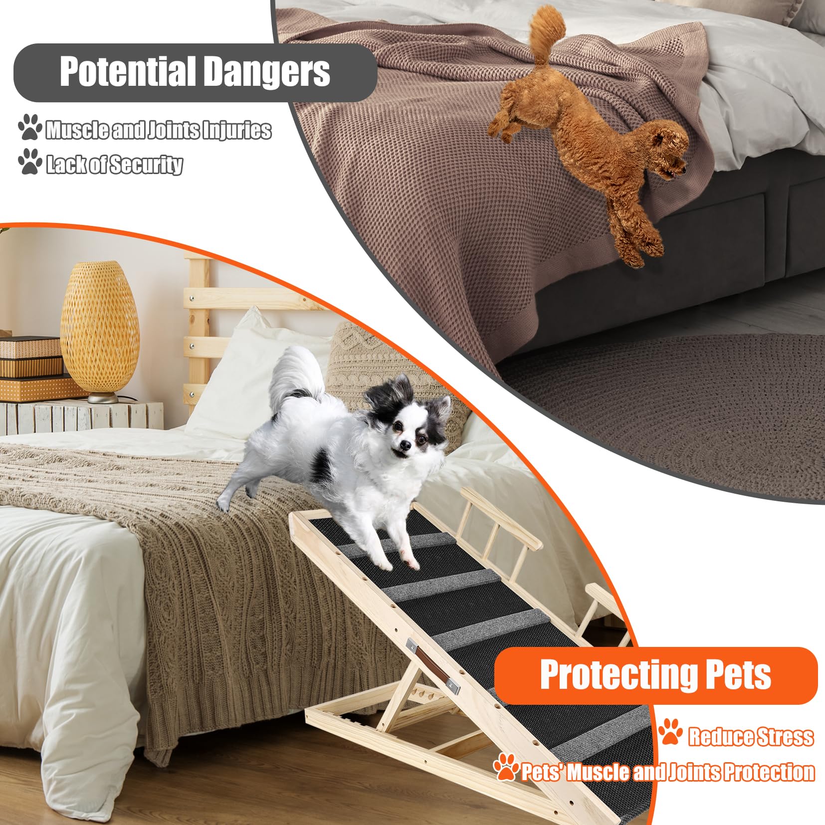 Rampa portátil multifuncional de madera plegable para mascotas, adecuada para gatos y perros, rampa de 110 cm de largo con altura ajustable de 12 a 23.4 pulgadas. Rampas para perros-110ZT,