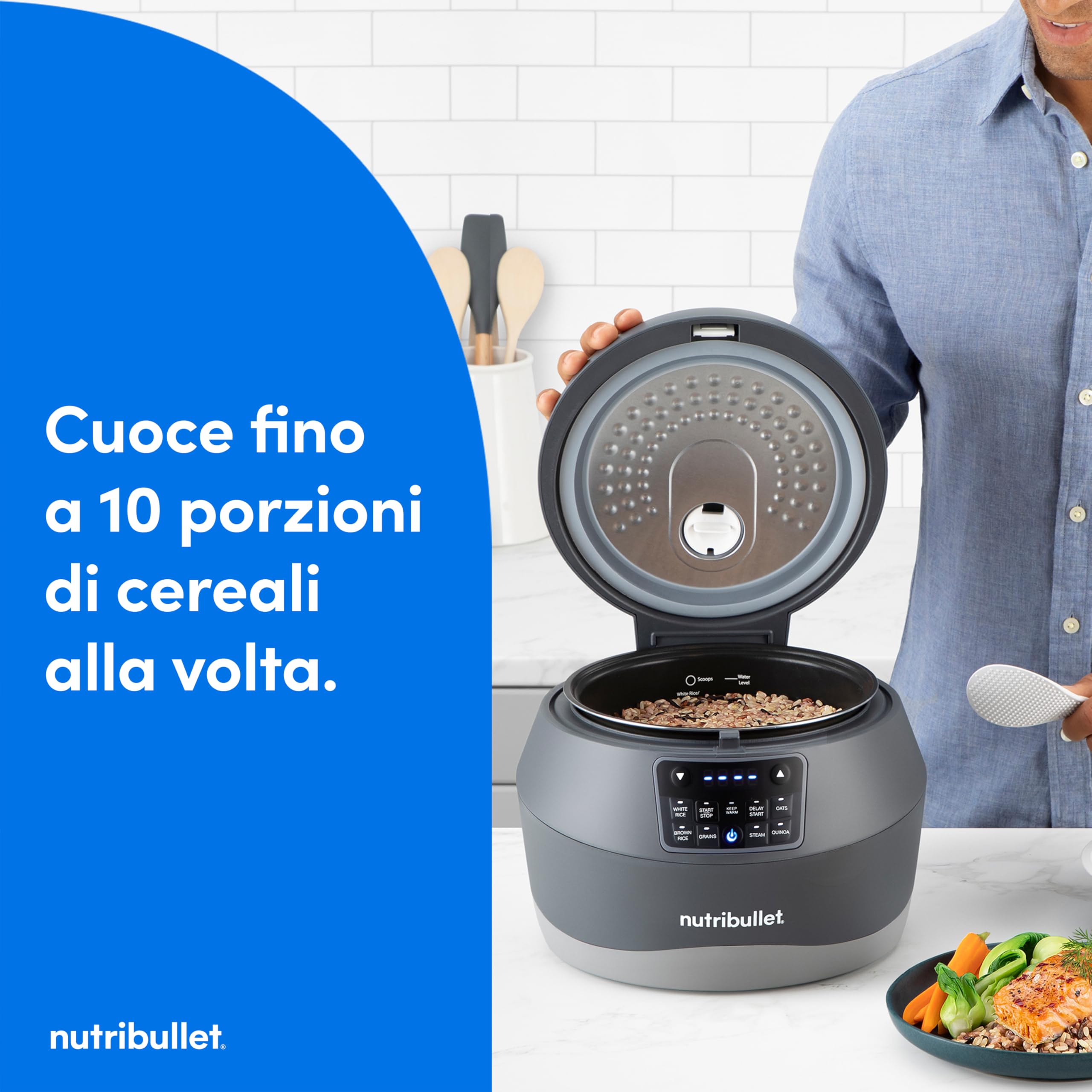 nutribullet EveryGrain Cooker - Cuociriso Multifunzione, Vaporiera Riso e Cereali, 10 Tazze, con 5 Programmi Automatici, Funzione Mantieni Caldo 12h, con Cucchiaio e Cestello, 600W, Grigio (NBRC605DG)