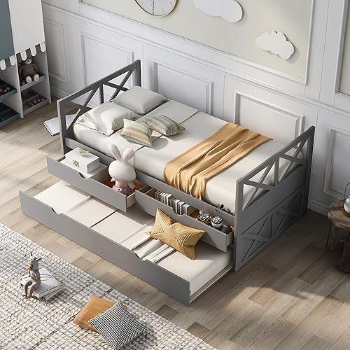 Multi-Functional Daybed with Drawers and Trundle,Wood Slat Support Sofa Bed for Kids Teens Bedroom
