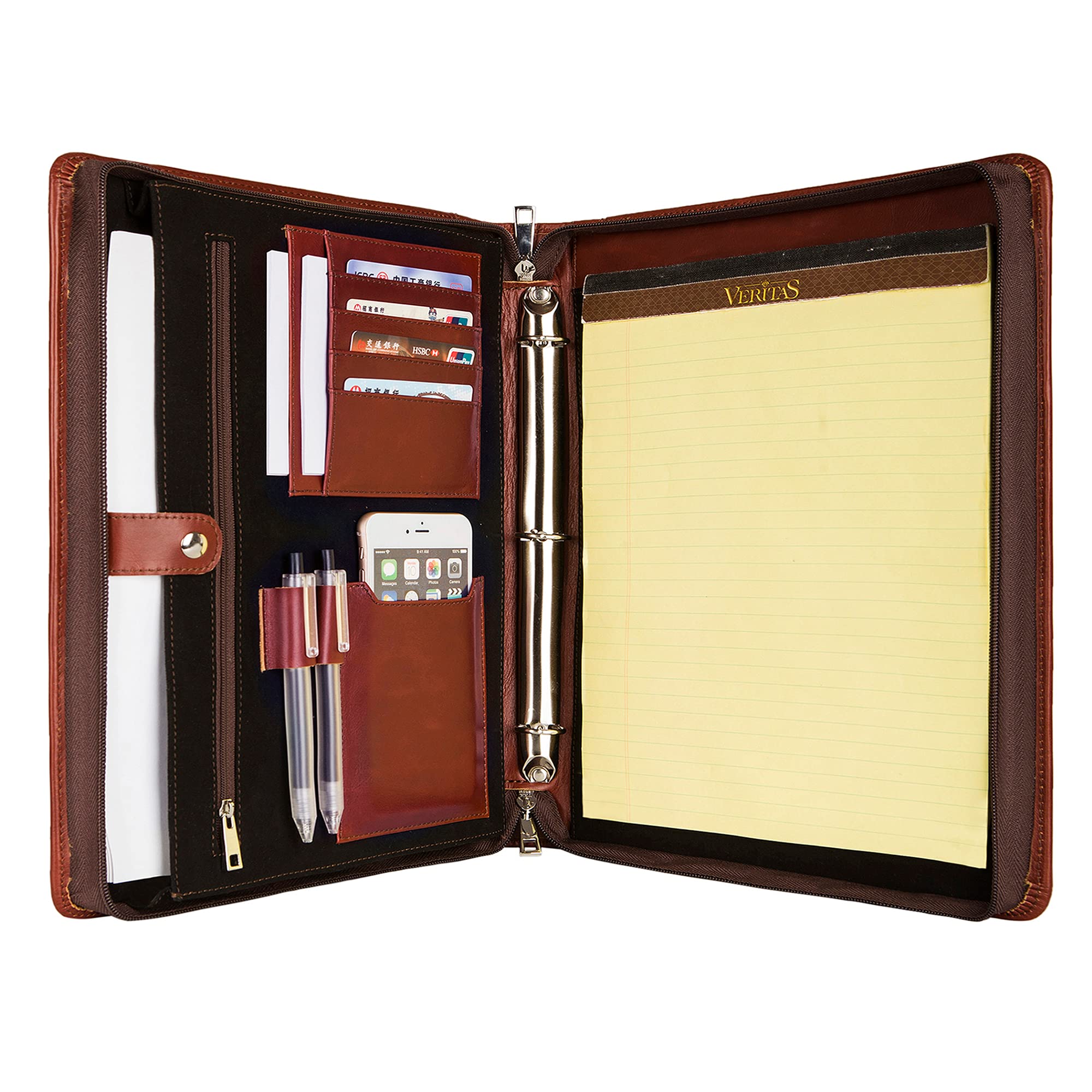 Genuine Leather 1-inch 3 Ring Binder Portfolio for MacBook Air 13/12.9" iPad Pro, Business Padfolio 
