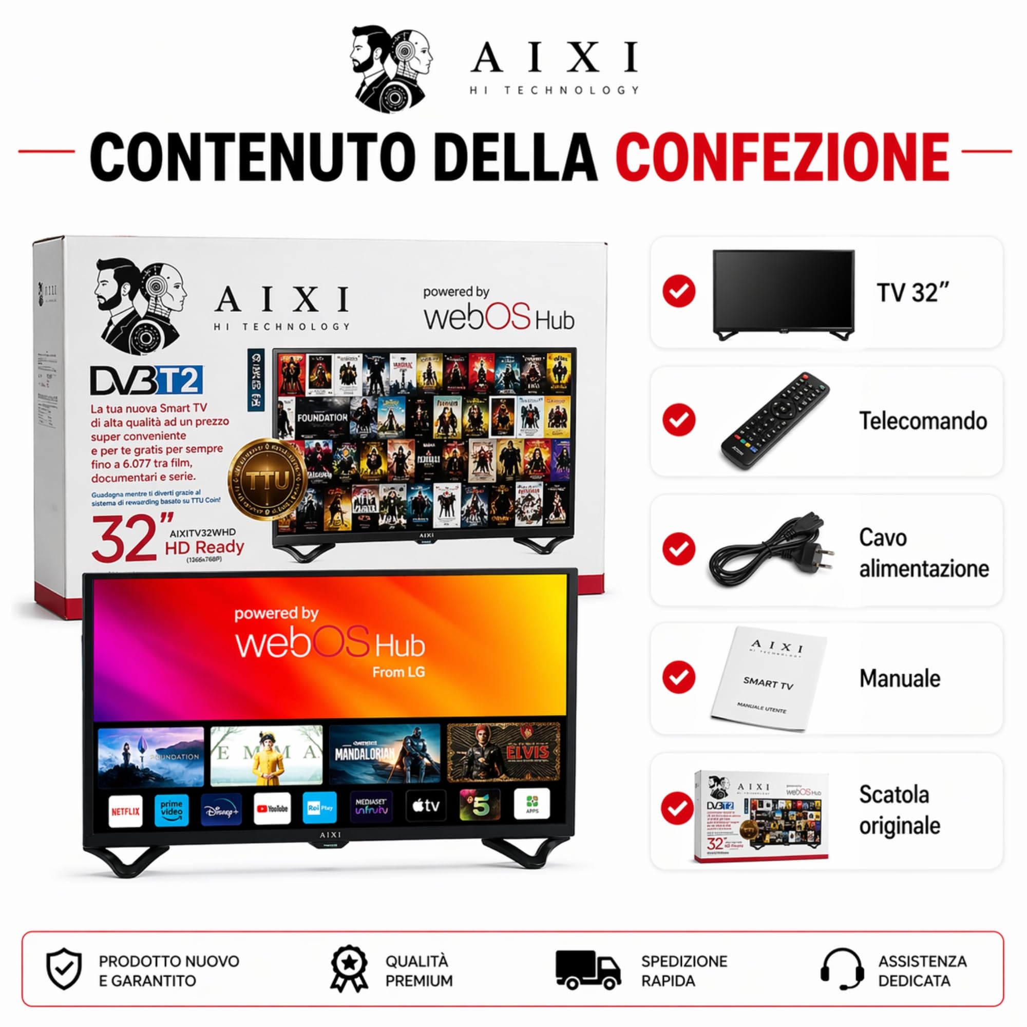 Generico Smart TV 32" - HD Ready (1366×768), Wifi, Bluetooth, 2 USB - 3 HDMI, Sistema WebOS hub, oltre 6000 Film Documentari Inclusi - App Integrate, Telecomando