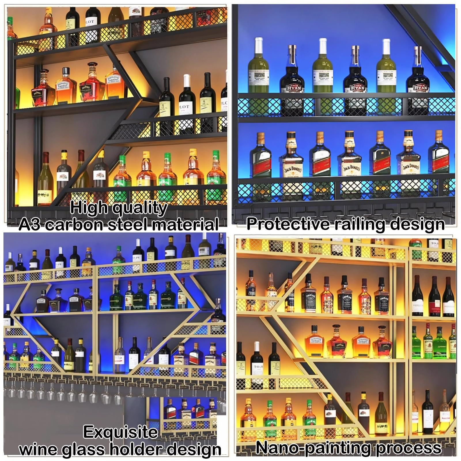 Estante de vino montado en la pared con luz LED, soporte de exhibición de hierro para almacenamiento de botellas y copas - Estantería flotante para barra