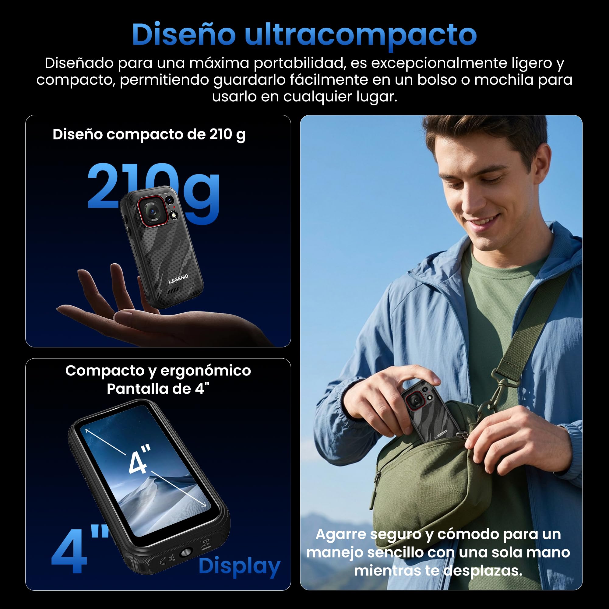 Eagle Pro Mini 5G Móvil Irrompible con Cámara de Acción 4K, Android 16, 32GB+256GB/1TB, Gran Angular 152,6°, Batería 4,5 h, Estabilización, Pantalla 4,0", Dual SIM 5G, NFC, Verde