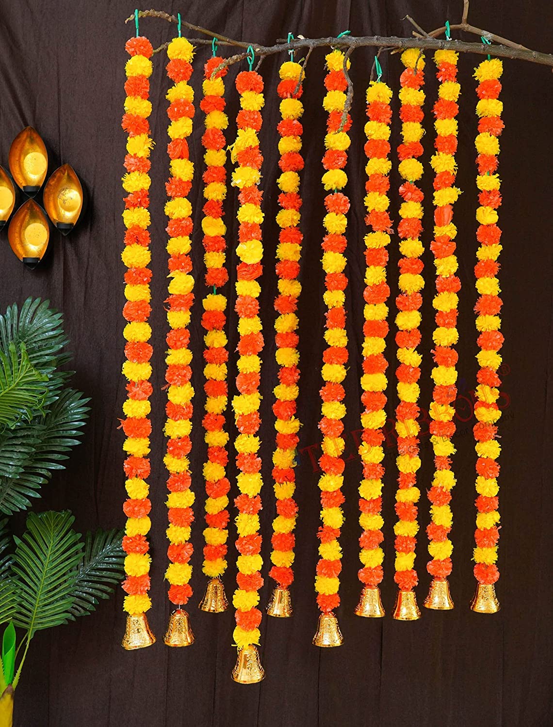 TIED RIBBONS 4 Feet Door Toran Bandhanwar | Yellow, Orange | Set of 10 | Artificial Marigold Flowers Garland with Golden Bells for Christmas Decorations, Diwali, Wall Hanging Decor