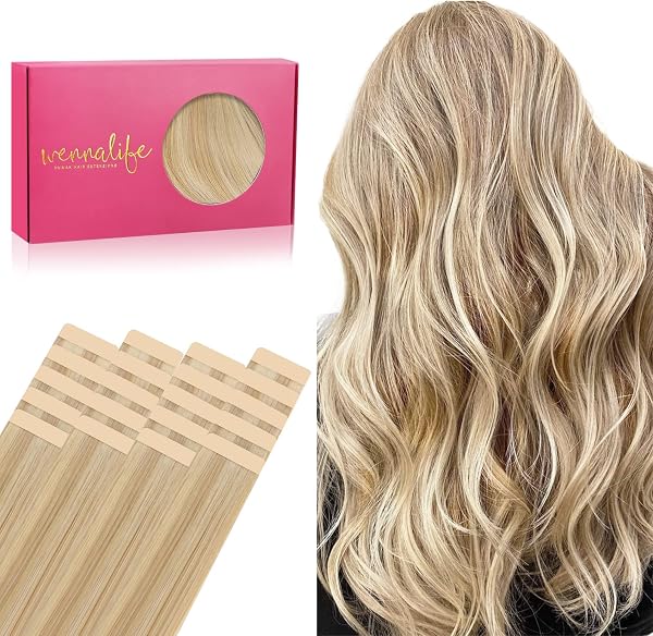 WENNALIFE Extensiones Adhesivas Pelo Natural, 55cm, 50g, 20 Piezas, Hellblond Highlights Goldblond, Extensiones Pelo Remy Cabello Humano - 1