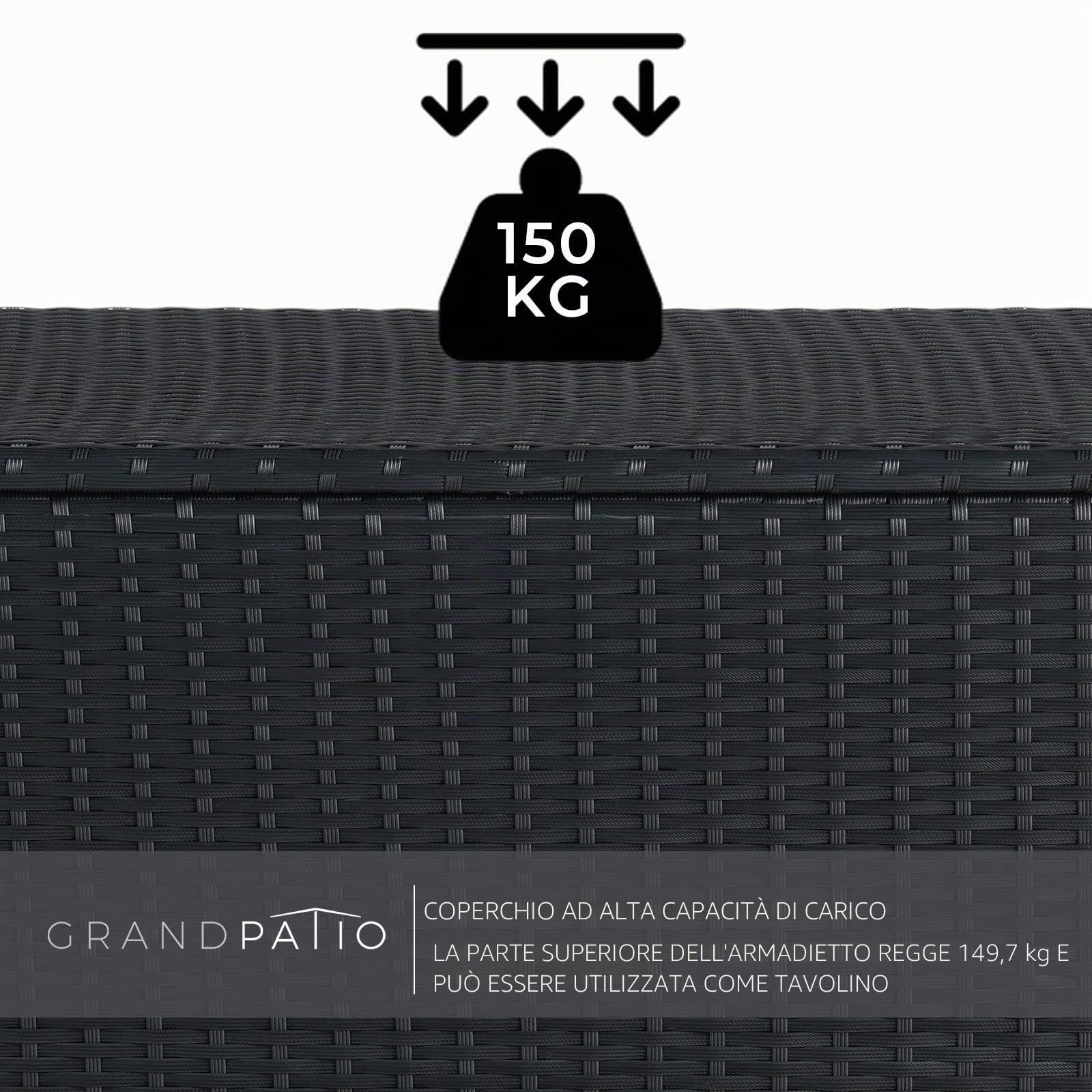 Grand patio Contenitore Box 480 L in Resina, Baule da Giardino con Rotelle Coperchio, Cassapanca Per Esterni, Facile Montaggio, Polyrattan Box Esterno da Giardino Esterno (Nero)