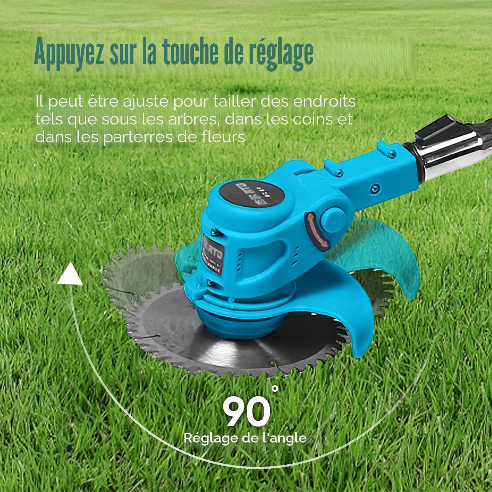 Tondeuse à gazon électrique 21V 800W 18000 tr/min manche télescopique 90-120 cm pliable 5 lames