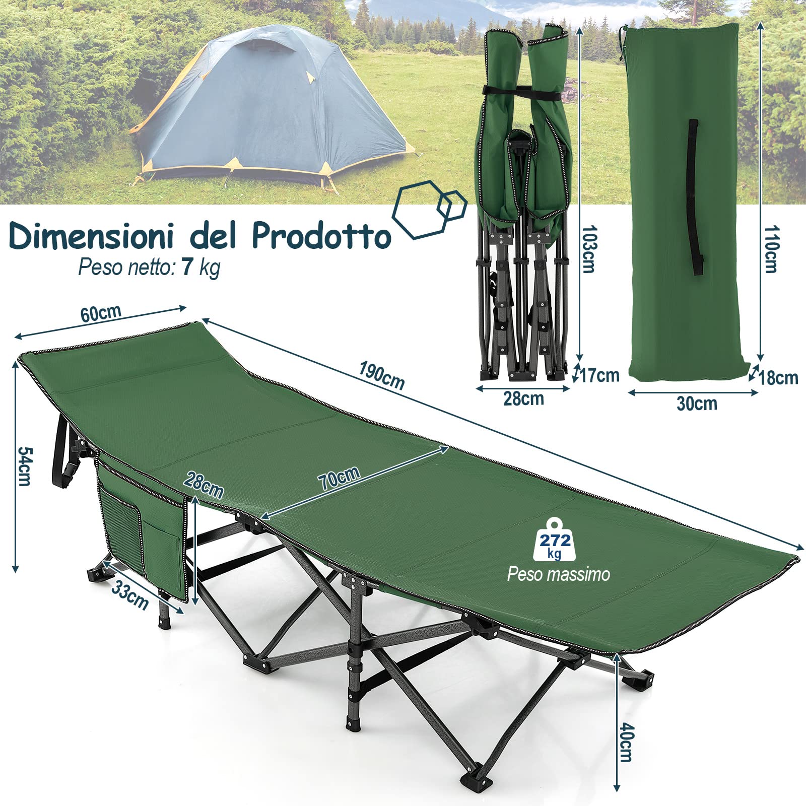 COSTWAY Brandina da Campeggio Pieghevole, Letto Portatile con Poggiatesta Inclinato, Tasca Laterale e Borsa di Trasporto, Branda Campeggio per Backpacking, Ospiti e Pesca, Portata 272 kg