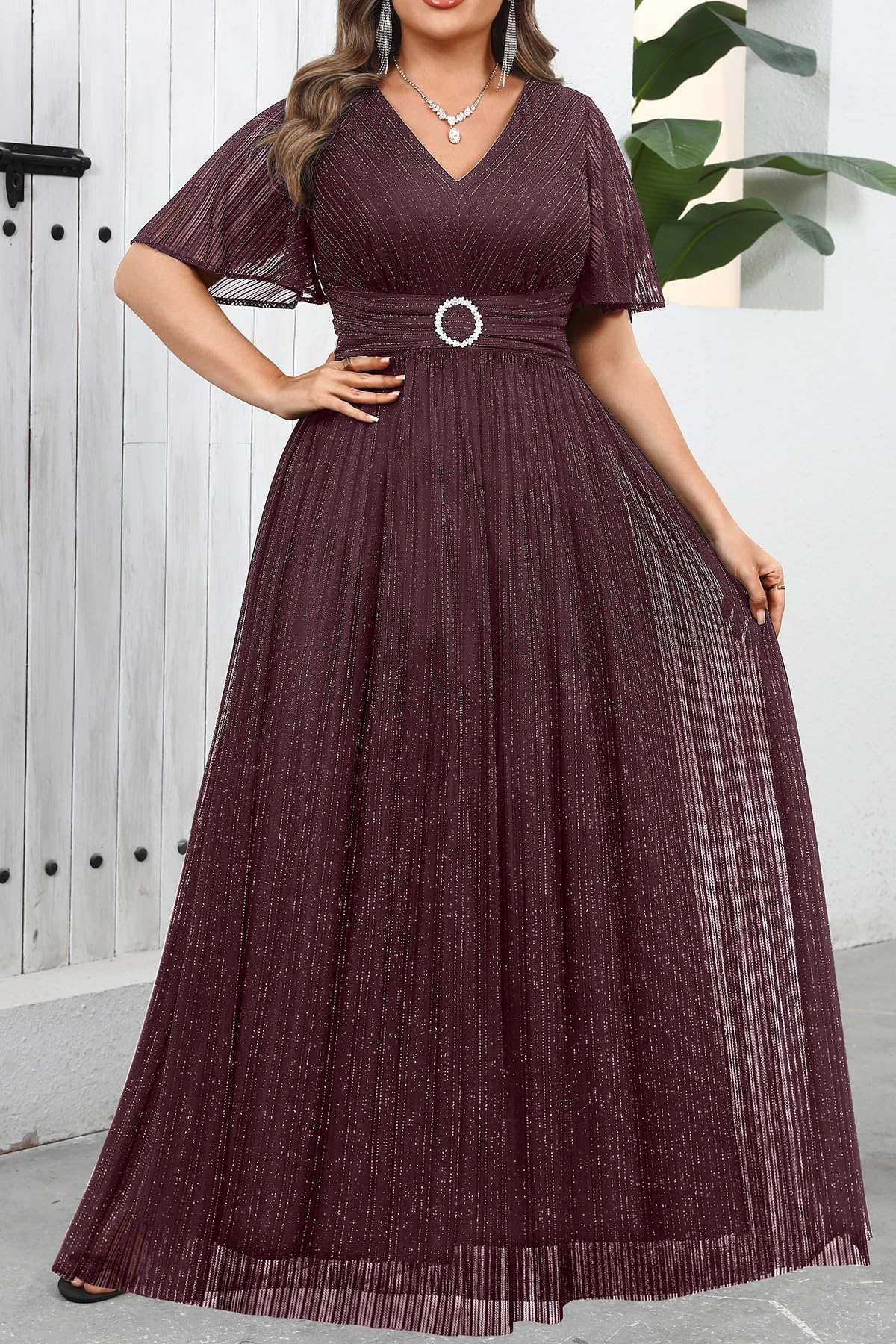 Plus Size Formal Dresses - Wedding Guest Evening Gown Sparkly Sequin Prom Gala Ball Maxi Dress with Short Sleeves