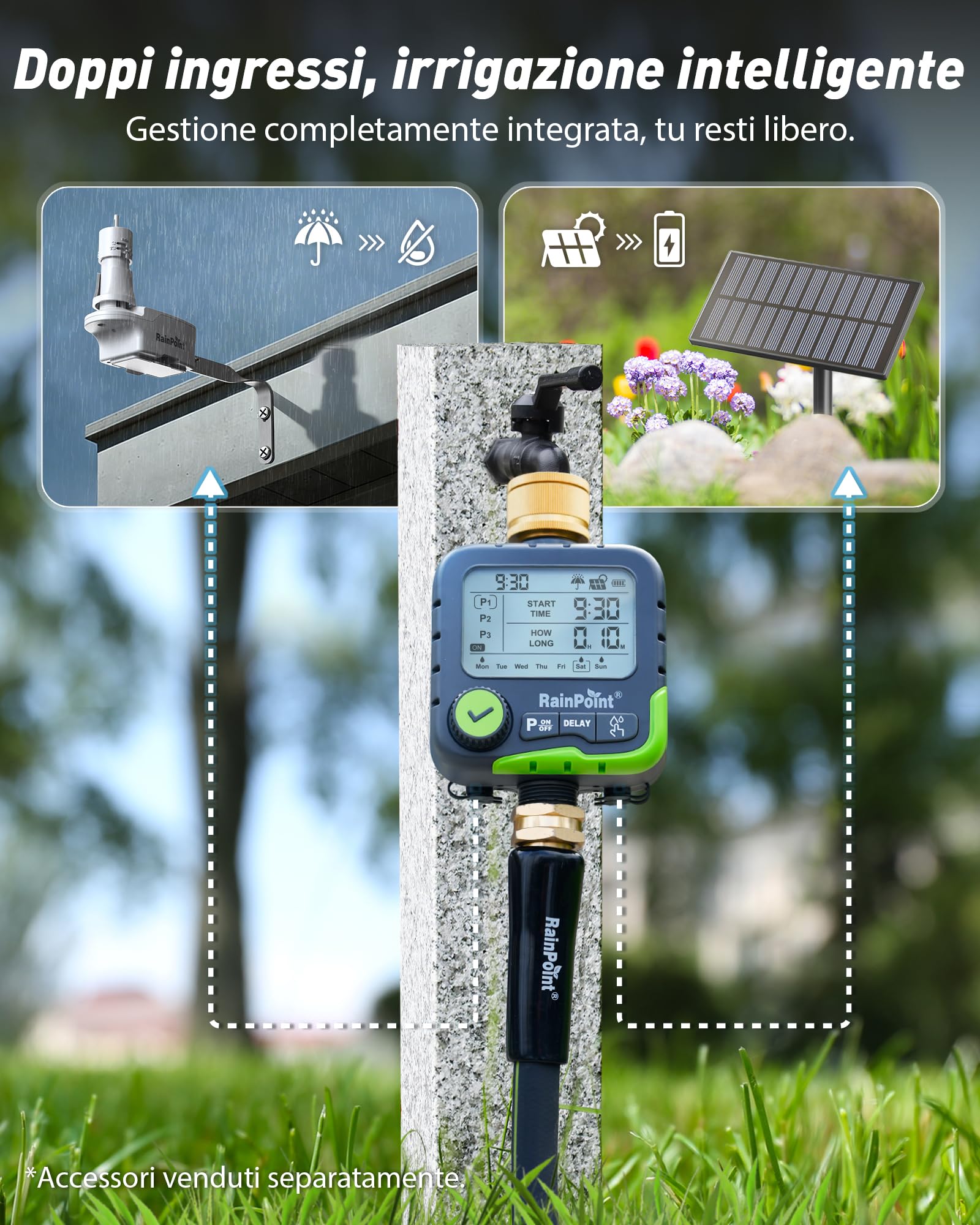 RAINPOINT Timer Irrigazione ITV156 Kit Solare, Timer Rubinetto per Giardino e Prato, con Pannello Solare e 2 Batterie AA Ricaricabili, 3 Programmi Indipendenti, Ricarica Solare Continua