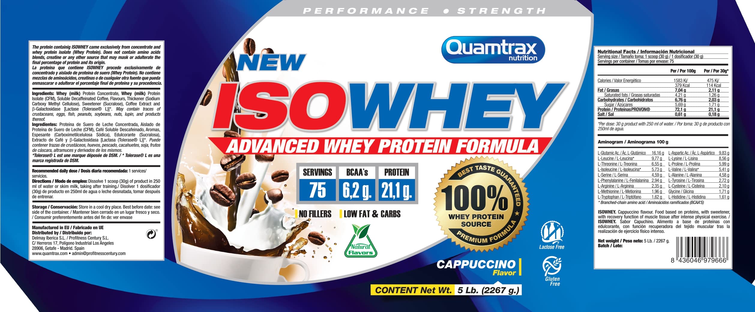 Quamtrax Nutrition - Iso Whey (Proteína de Suero de Leche Aislada) - 5 lb - Sabor Cappuccino - Alto contenido proteico, rápida absorción y bajo en grasas