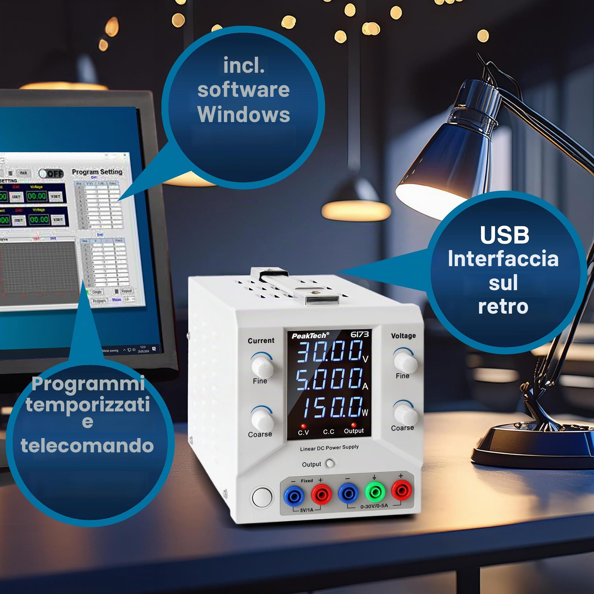 PeakTech 6173 - Alimentatore da laboratorio 0-30 V / 0-5 A DC SELV lineare con trasformatore di isolamento, alimentatore da laboratorio con USB e software