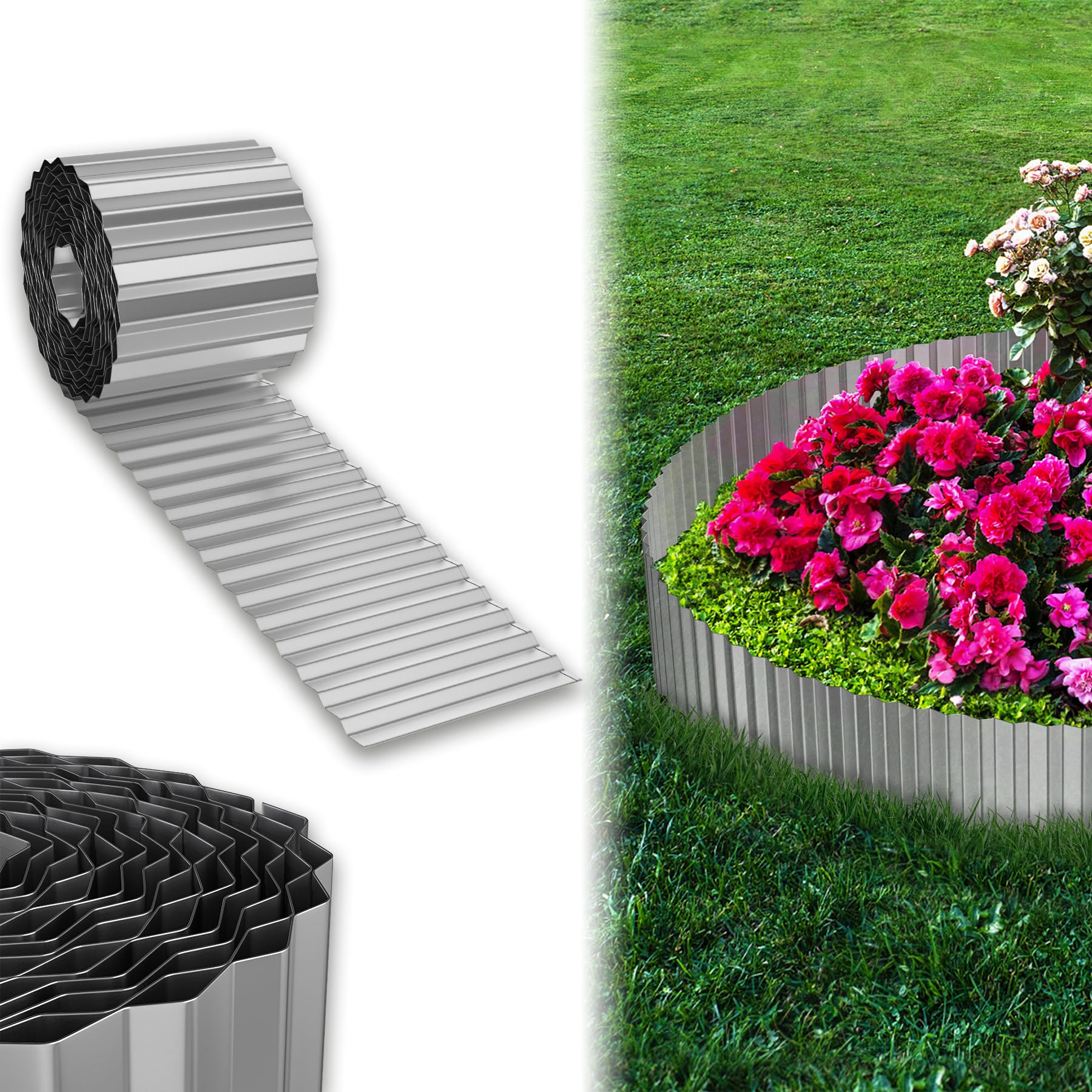 UISEBRT Beeteinfassung Rasenkante, Verzinktes Beetbegrenzung aus Metall Einfach zu Montieren, Hoch Flexibel Rasenkanten, Wurzelsperre Blumenbeet oder als Mähkante Länge Anpassbar