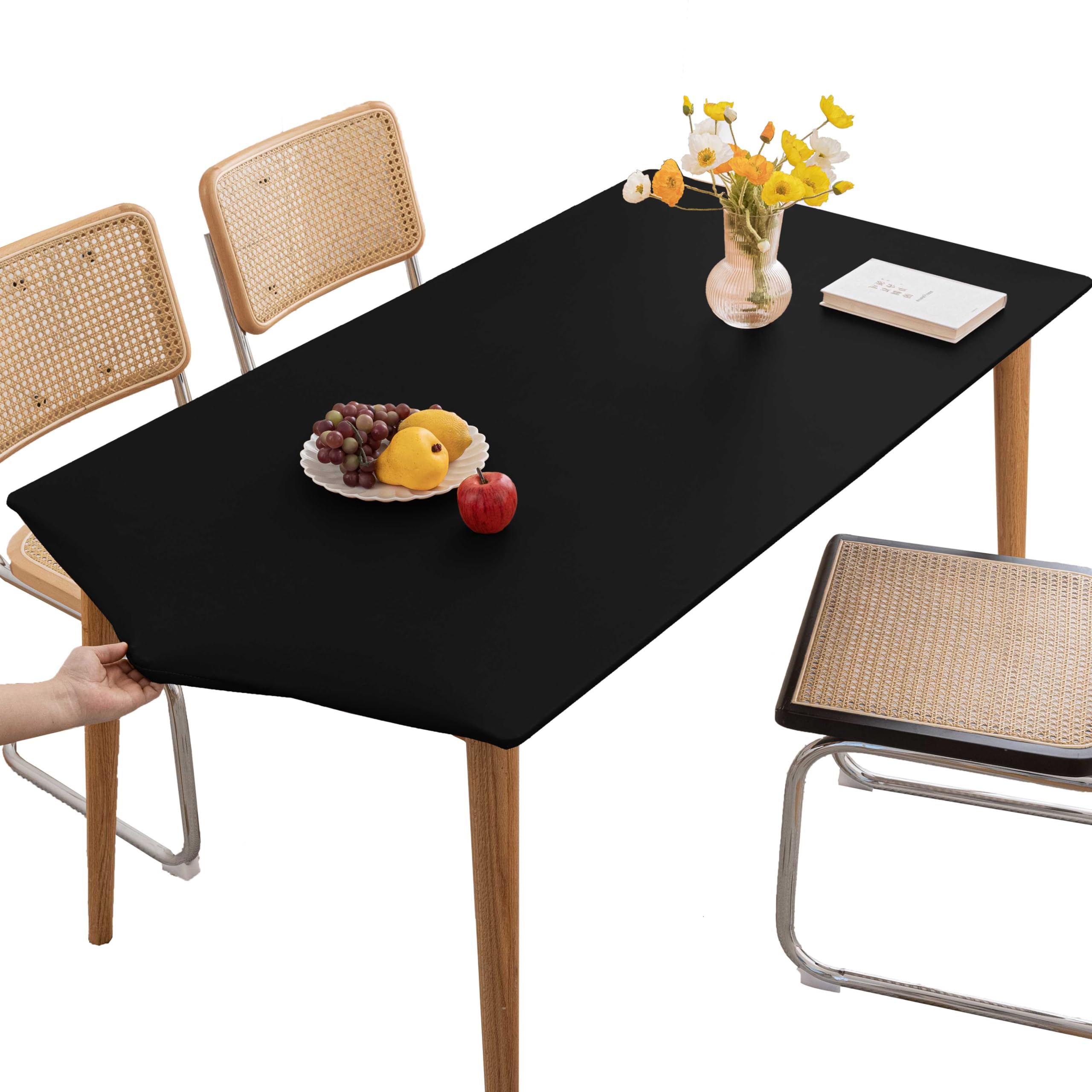 Huierxun PU Stretch Fitted Rectangle Tablecloth with Elastic Edge 28 x 51 Inch Waterproof Oil Proof Table Cloth Wipeable Table Cover for Indoor Outdoor Furniture Protect (Black,28"x51")