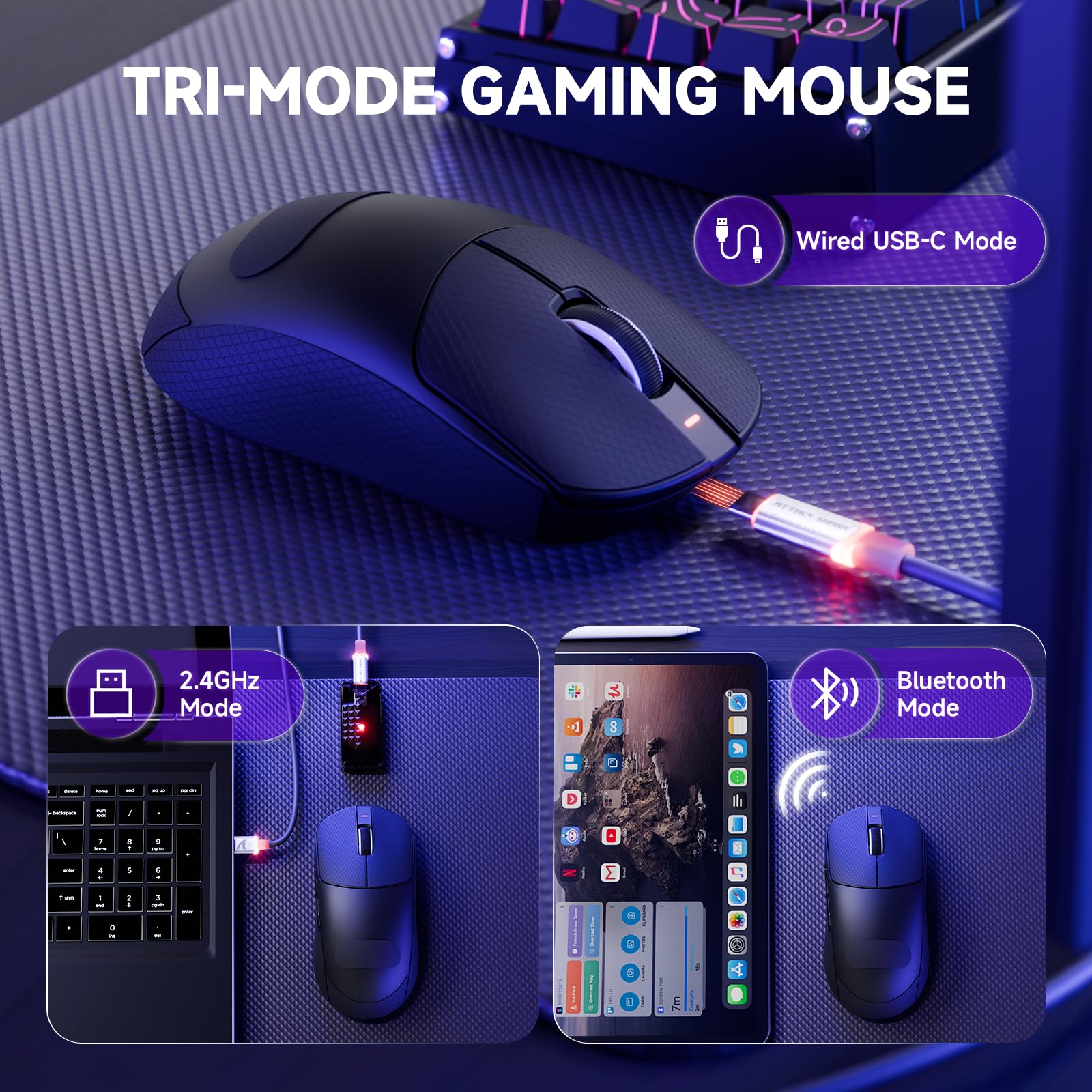 ATTACK SHARK X8PRO 55g ultraleichte Kabellose Gaming-Maus mit Spiralkabel & Griffband, Mittelgroße/Große Hände, 8K-Polling Rate, 2,4 G/Wied/BT, 500 mAh, 40K DPI, Optischer Sensor PAW3395 - Schwarz