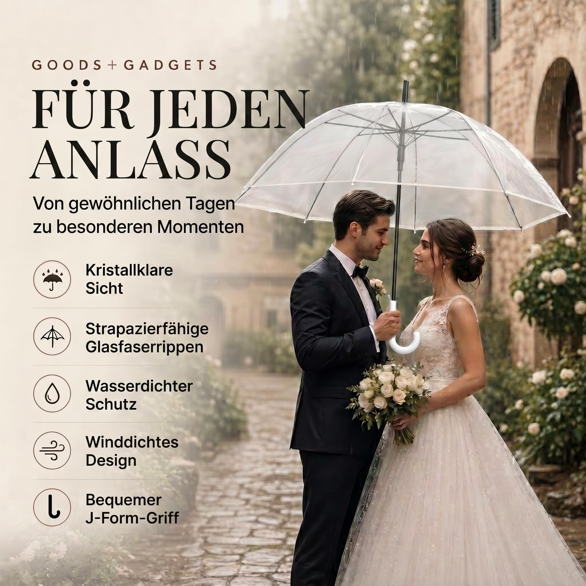 GOODS+GADGETS Durchsichtiger Regenschirm transparent, weißer Stockschirm Ø 100 cm; Eleganter Regenschirm in transparent - Das Fashion-Highlight