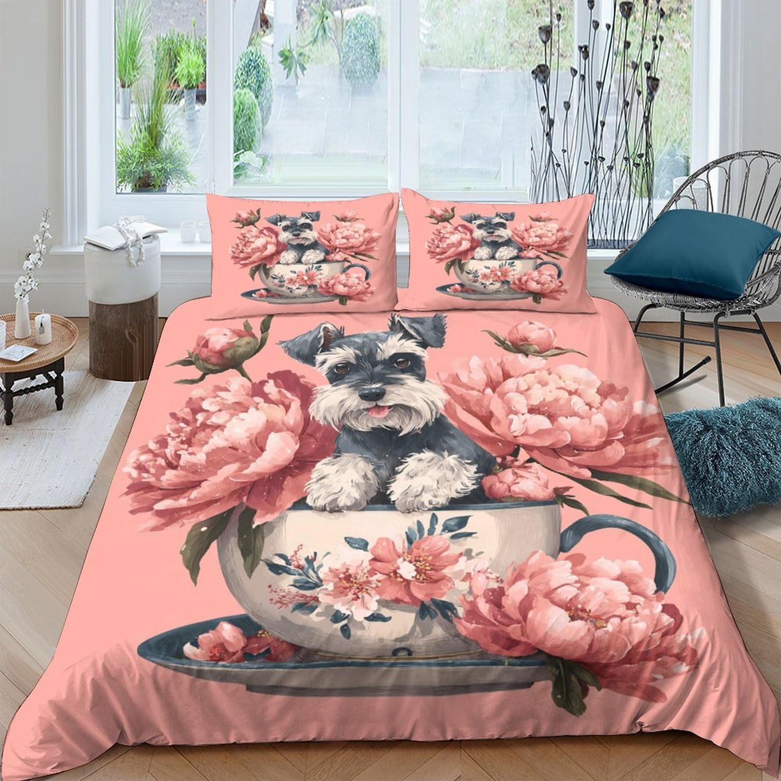 Ctjqhvkz Style-4 3D Printed Schnauzer Floral Fitted Sheet Microfiber Pink Peony Bed Cover For Bedroom Guest Room Mattress Protection Single（135X200cm）