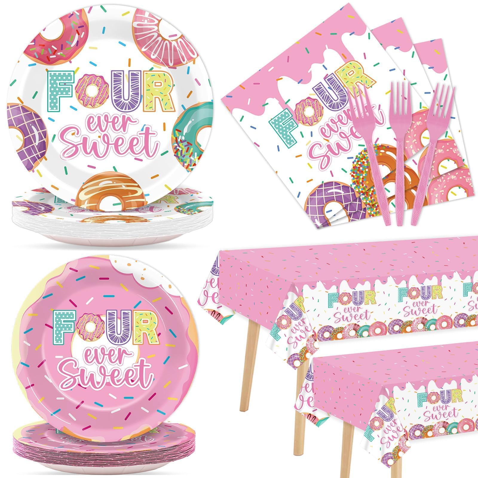 98 Pieces Four Sweet Donut Birthday Party Supplies for 24 Guests Girls Donut Tableware Set Baby Girl 4th Birthday Donut Plates and Napkins Tablecloth
