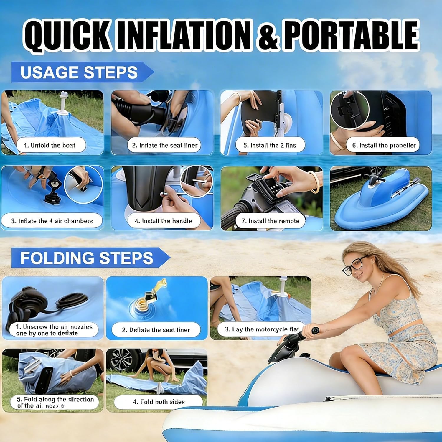 Foldable Electric Inflatable Jet Ski W/Detachable 500W Underwater Propulsion, 10000mAh Battery Powered Kayak Motor for SUP, 9-Speed Adjustable Snorkel Scooter for Adults 700W