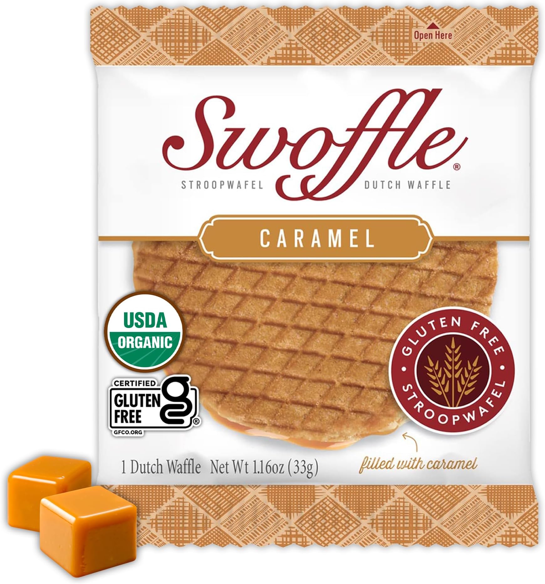 Gluten Free Certified Organic Individual Wrapped Stroopwafels by Swoffle - Single Sample Cookie, Caramel - | One 1.16oz Stroopwafel | non-GMO, Wheat Free, Kosher, Soy Free, and Nut Free!USDA Organic