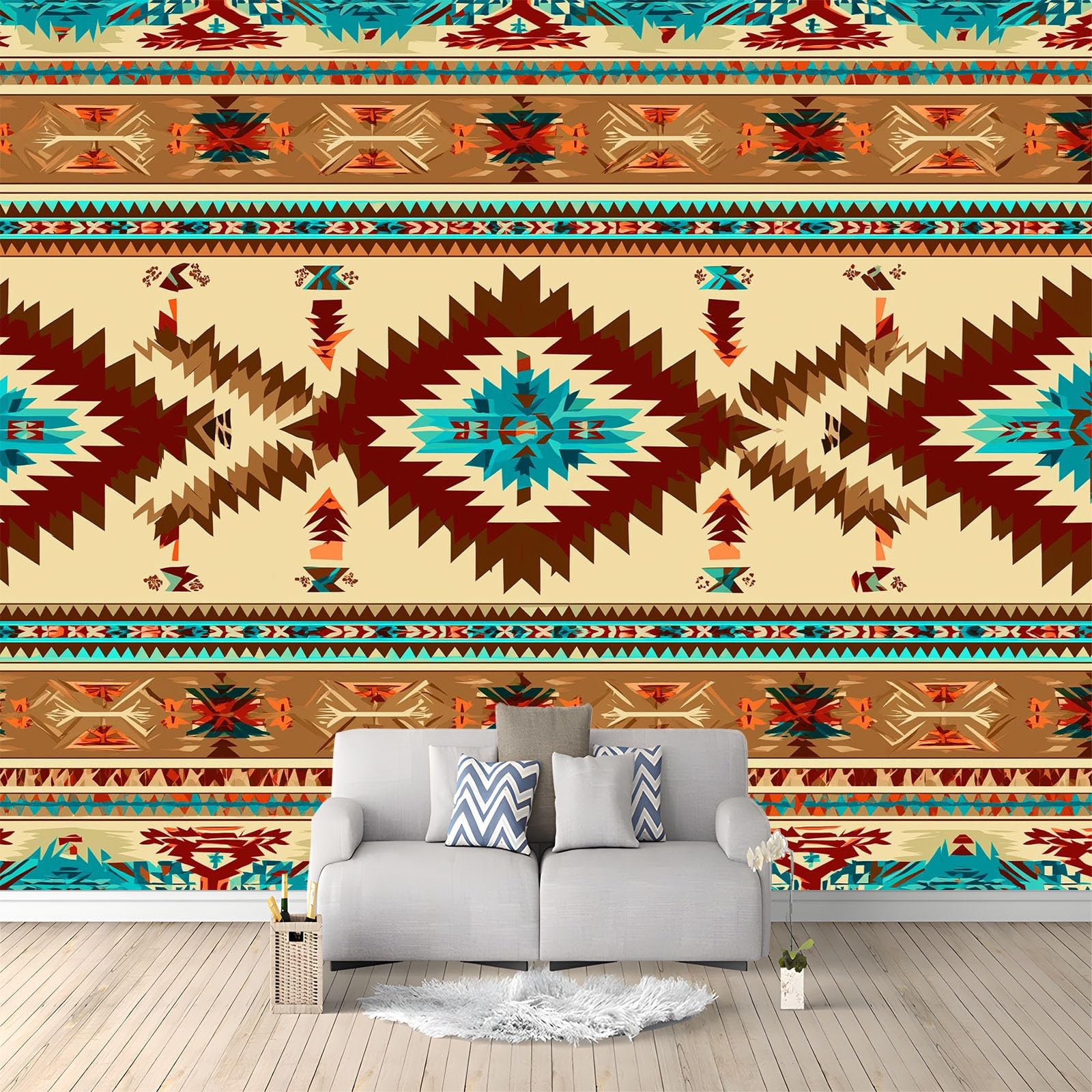 Générique Panoramiczna tapeta 200 x 140 cm tradycyjna retro tkanina plemienna obramowanie - tapeta z efektem 3D gobelin ścienny z włókniny - dekoracja ścienna do salonu, sypialni i kuchni brązowa