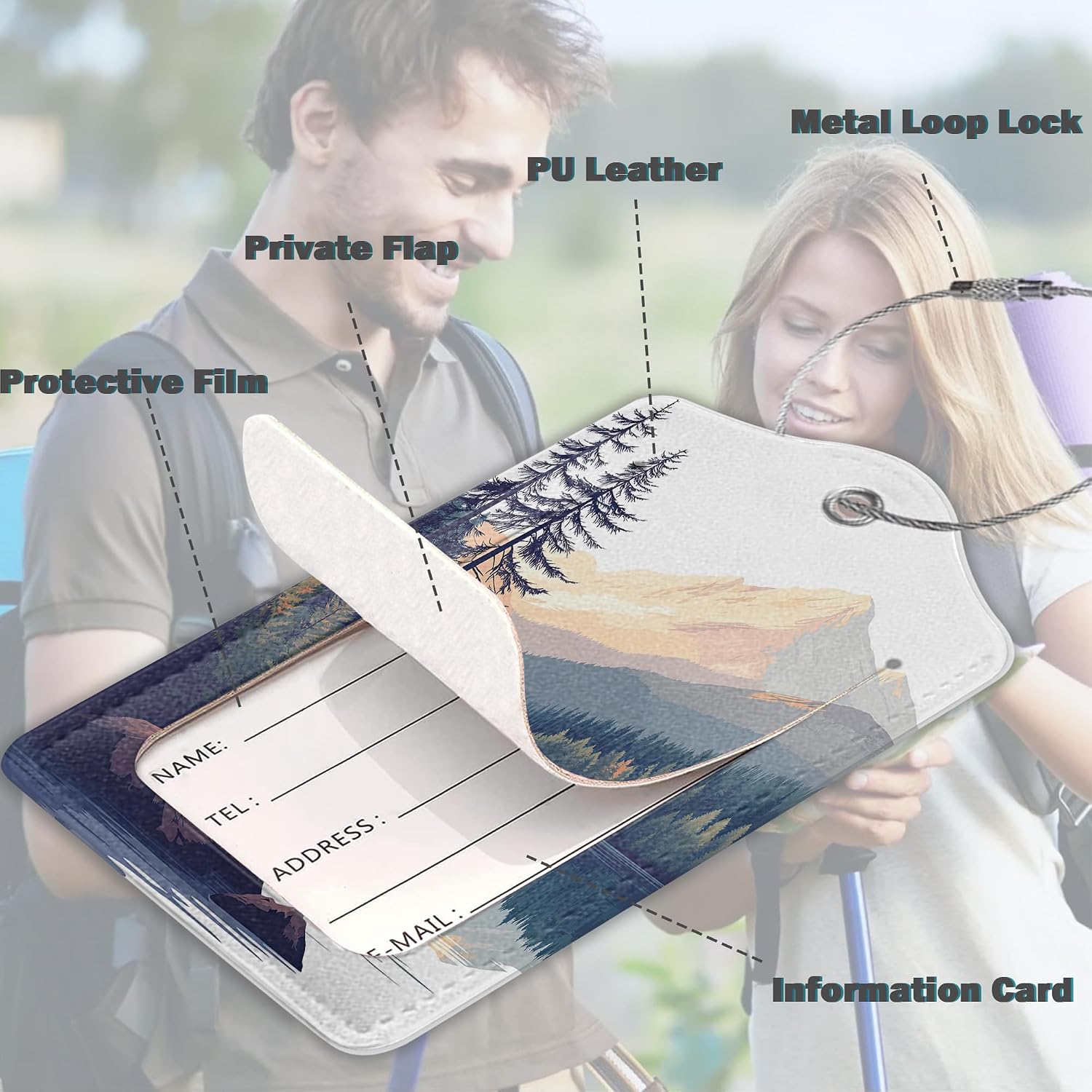 3 Pack Luggage Tag for Suitcase Leather Travel Cruise Luggage Tag with Stainless Steel Loop Name ID Label Privacy Cover for Adults Teens Travel Bag Labels Set (Mountain Forest Lake) image 3