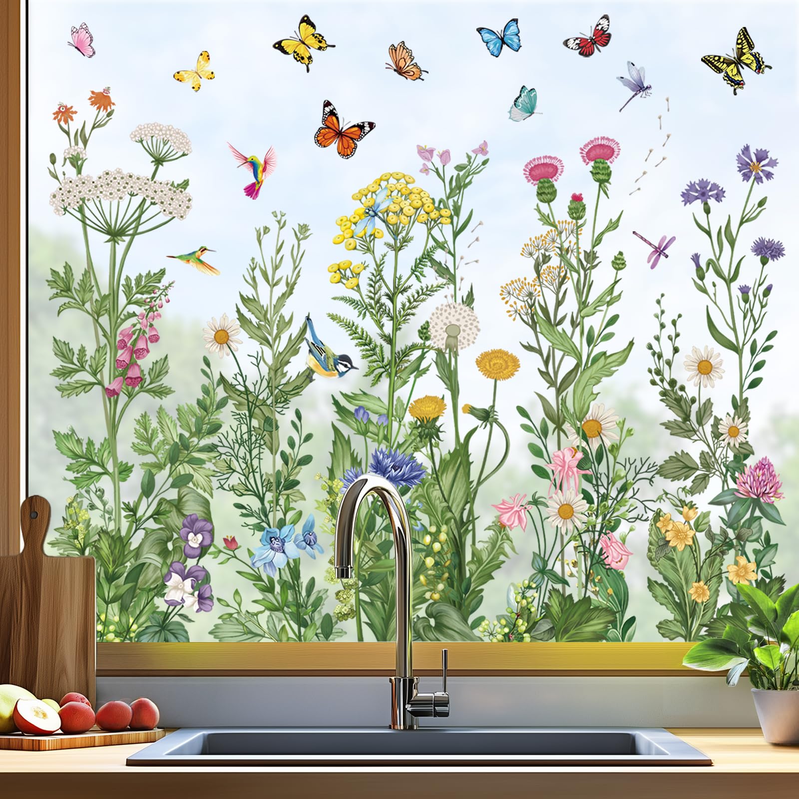 wondever Spring Summer Wild Flowers Window Clings Vintage Wildfloral Butterflies Glass Sticker Decal Anti Collision Double-Side Static Window Stickers for Home Glass Window - Image 3
