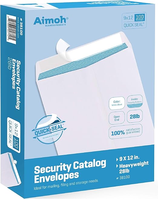 Aimoh 100 9 x 12 SELF Seal Security White Catalog Envelopes - 28lb - Security Tinted, Ultra Strong Quick-Seal, 9x12 inch (38100)