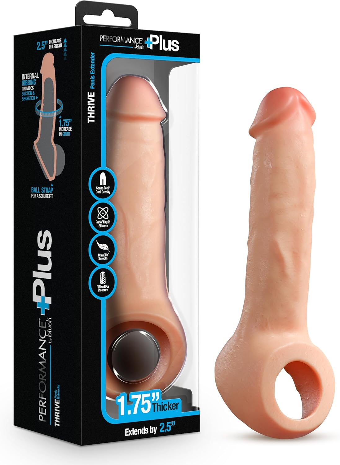 Blush Male Performance Plus Intrepid - 9.25 Inch Realistic Cock Sleeve Extender - Sensa Feel Dual Density Purio Liquid Silicone Penis Enlarger for Prolong Pleasure - Adult Sex Toys for Men - Beige