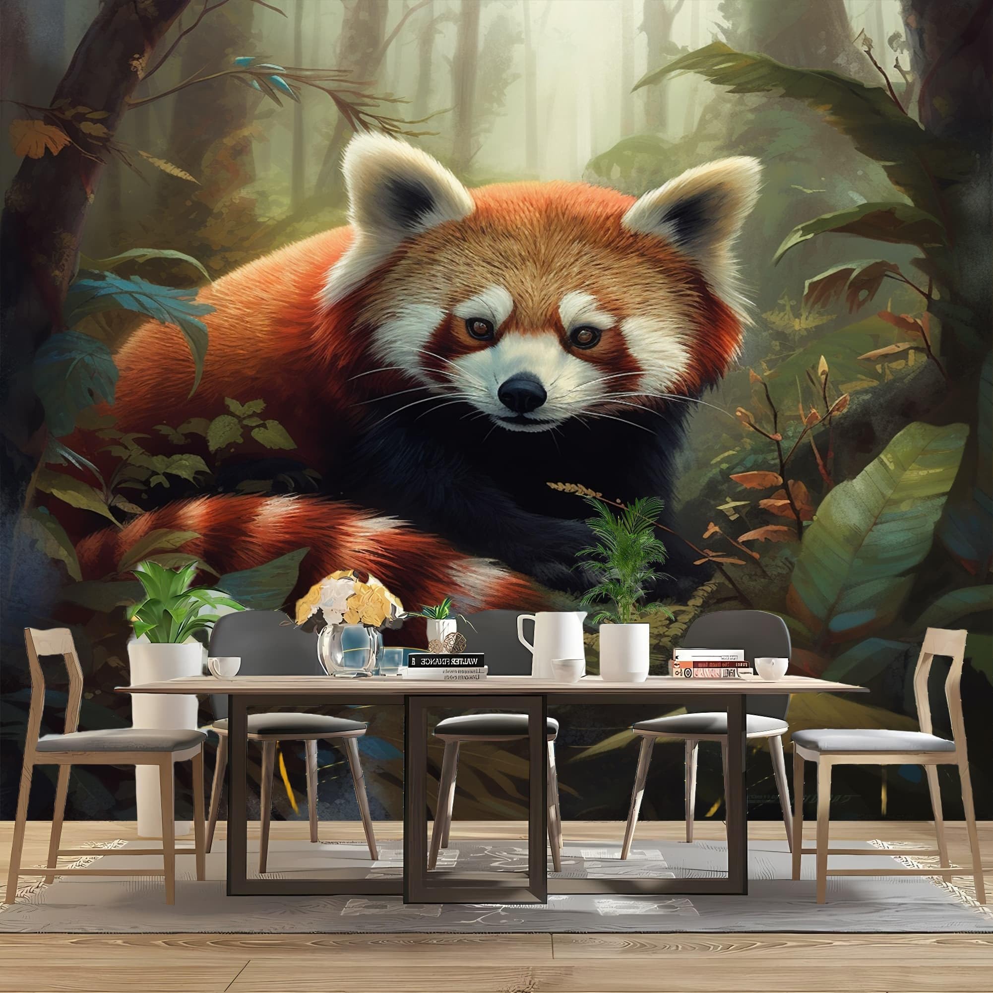 Fototapeta 300 x 210 cm Dżungla Zwierzęta Panda Czerwony Liść Tapeta Ścienna Efekt 3D Włókniny Zielony Mural Sypialnia Salon Tło TV i Sofa