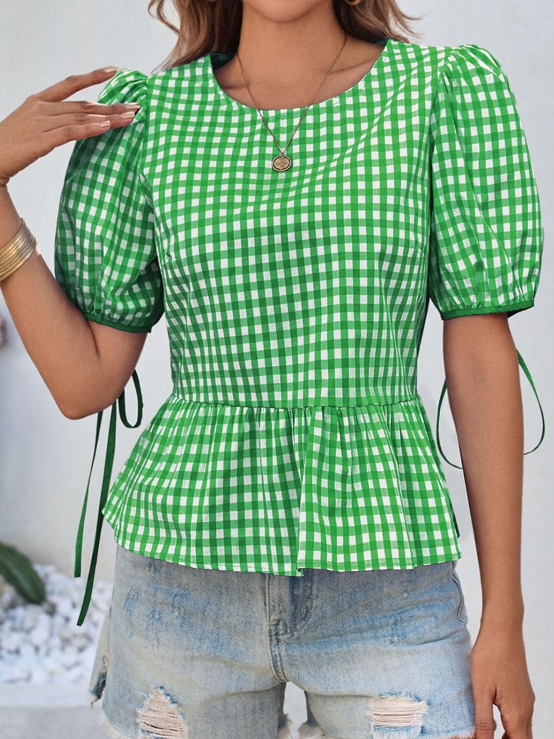 Cicy Bell Womens Puff Sleeve Gingham Blouse Summer Ruffle Peplum Babydoll Tops Cute Plaid Cotton Shirts - Image 4