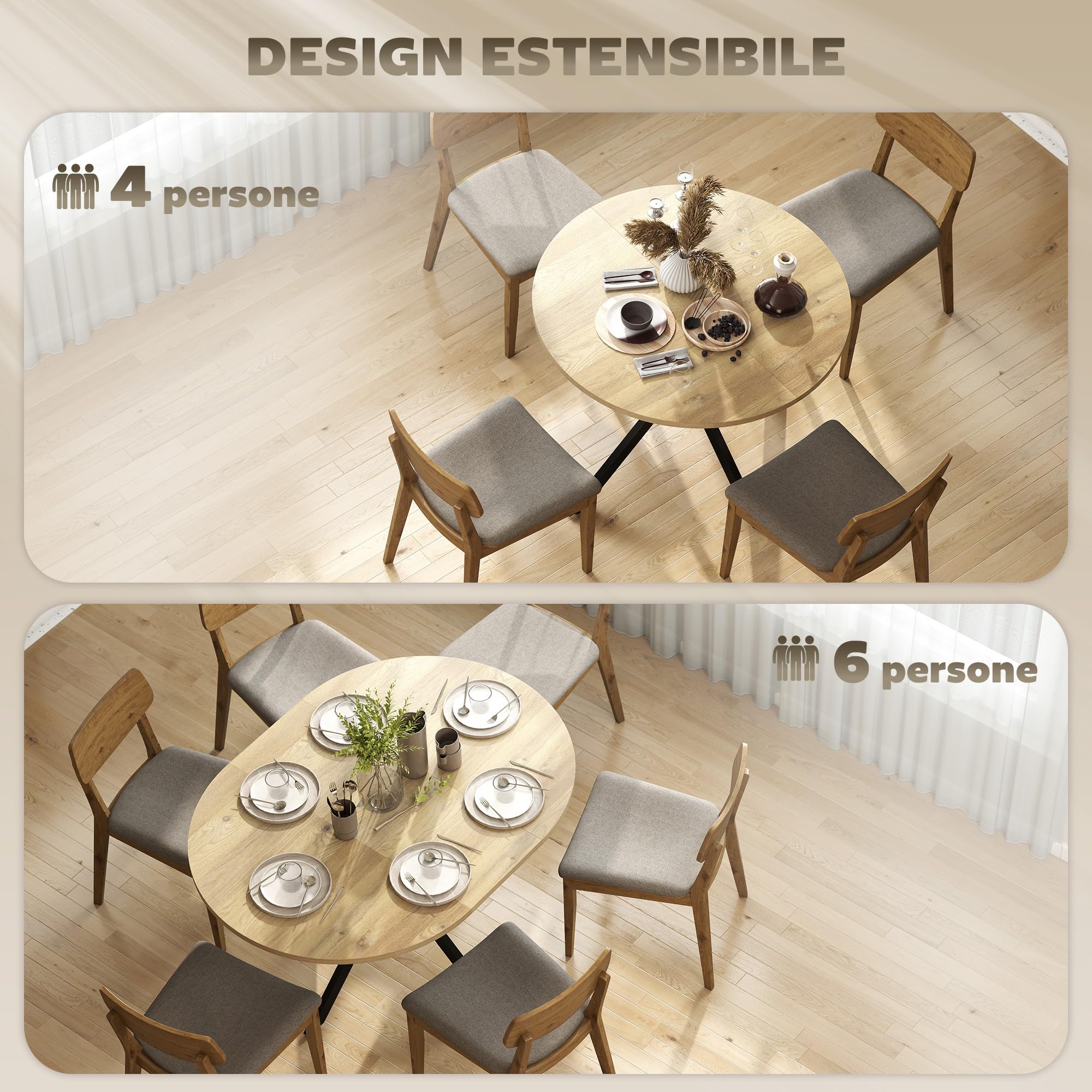 HOMCOM Tavolo da Pranzo Allungabile 4-6 Persone Base X 100-135cm Naturale | Pannelli a Farfalla, Tavolo Rotondo Allungabile ad Ovale, Stile Industriale, per Sala da Pranzo, Soggiorno