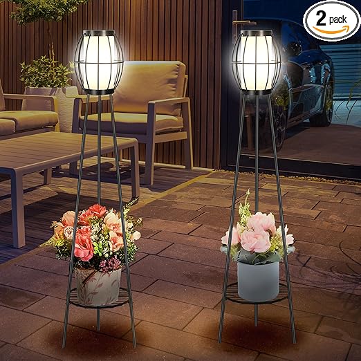 2 Pack Solar Lights Outdoor with Plant Stands, Solar Floor Lamps, Black Metal Tripod Deck Lights, Patio Decor for Garden Yard Pathway Driveway Porch