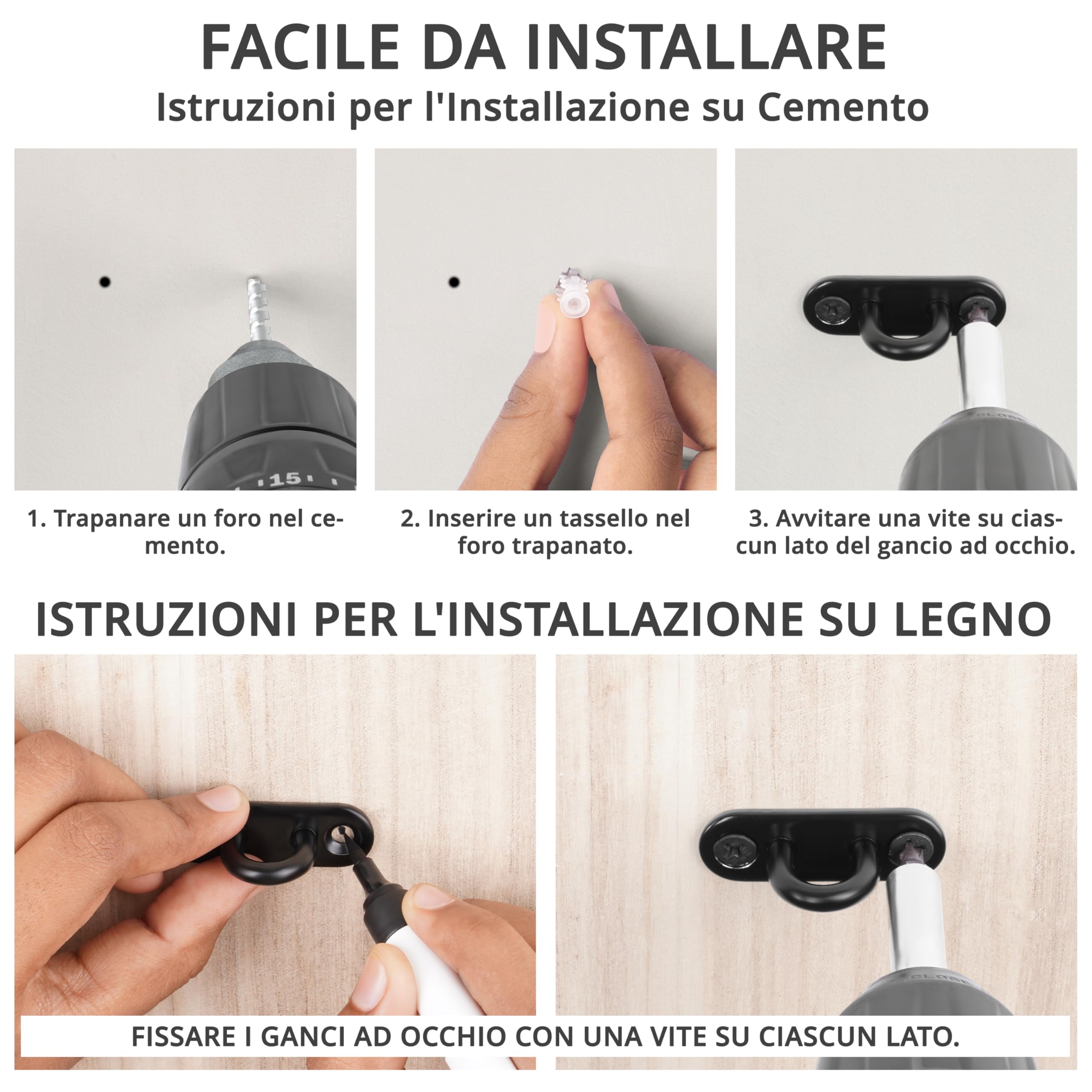 Winter Shore Ganci Soffitto M5 ad Alta Resistenza (Set da 8) - Acciaio Inox 50 mm per Appendere Piante - Luci da Esterno - Gancio a Piastra, Neri
