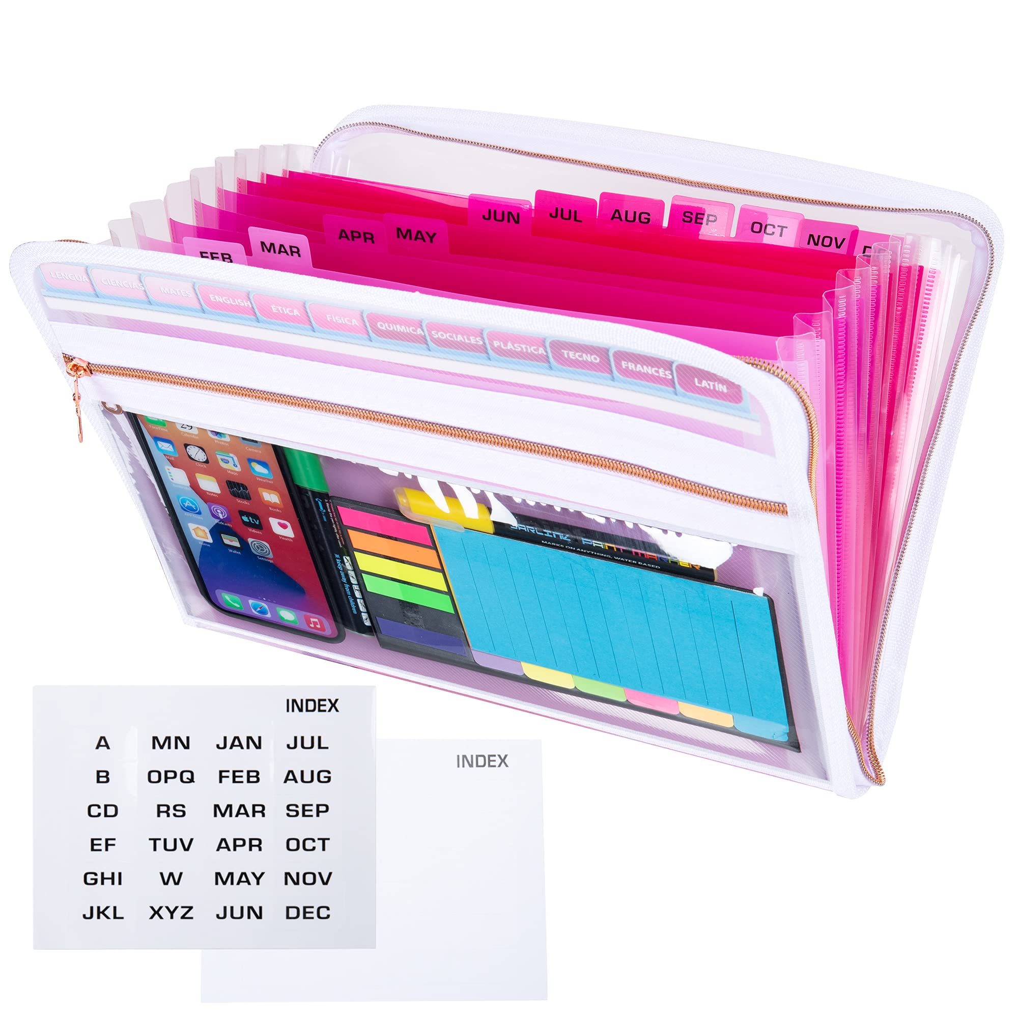 JARLINK Expanding File Folder with Sticky Labels, 13 Pocket Accordion File Folder Document Organizer, Expanding Zip File Folder with Zipper Closure, Letter/A4 Paper Document Folder, Pink