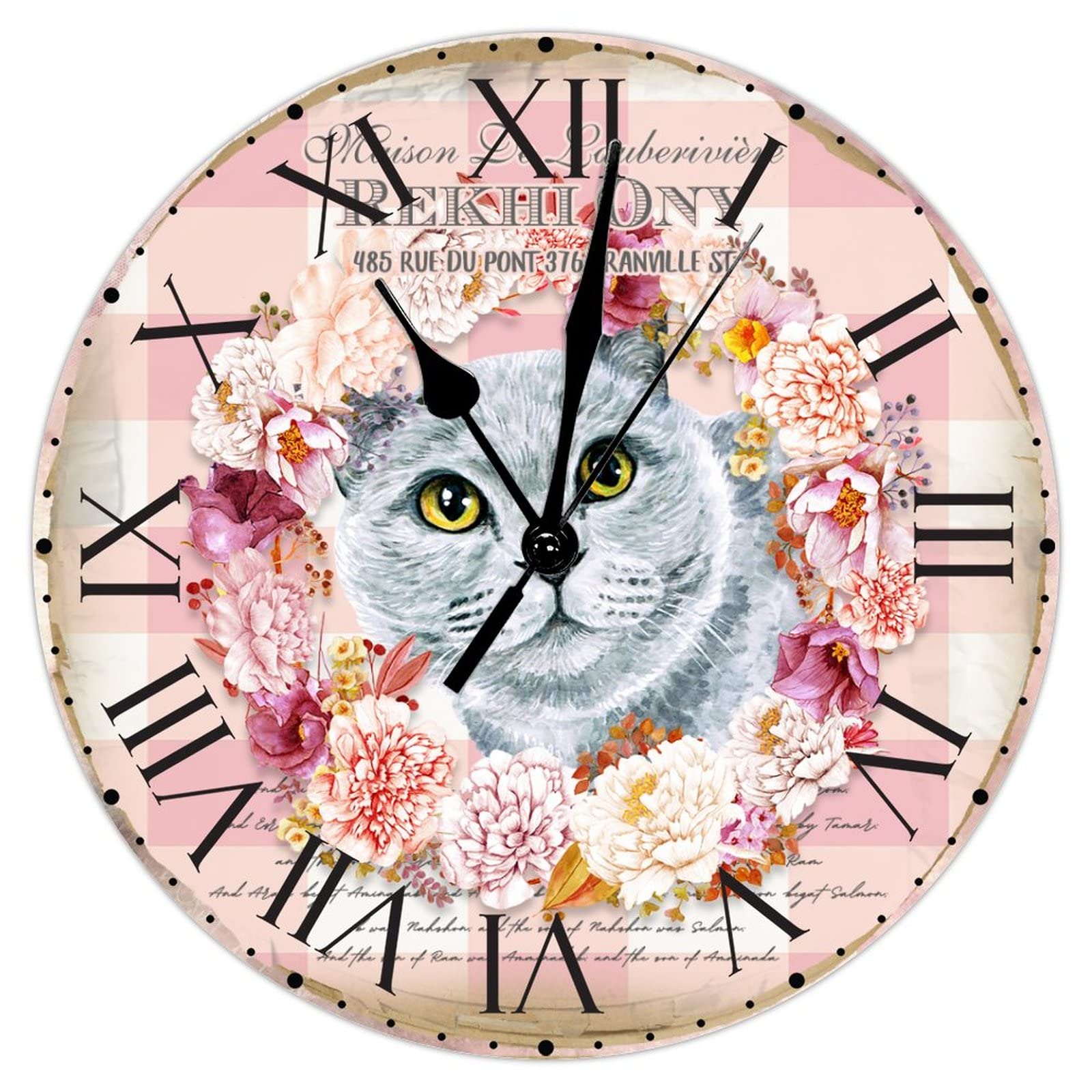 Horloge murale chat vintage rose, pendule de cuisine silencieuse 30cm