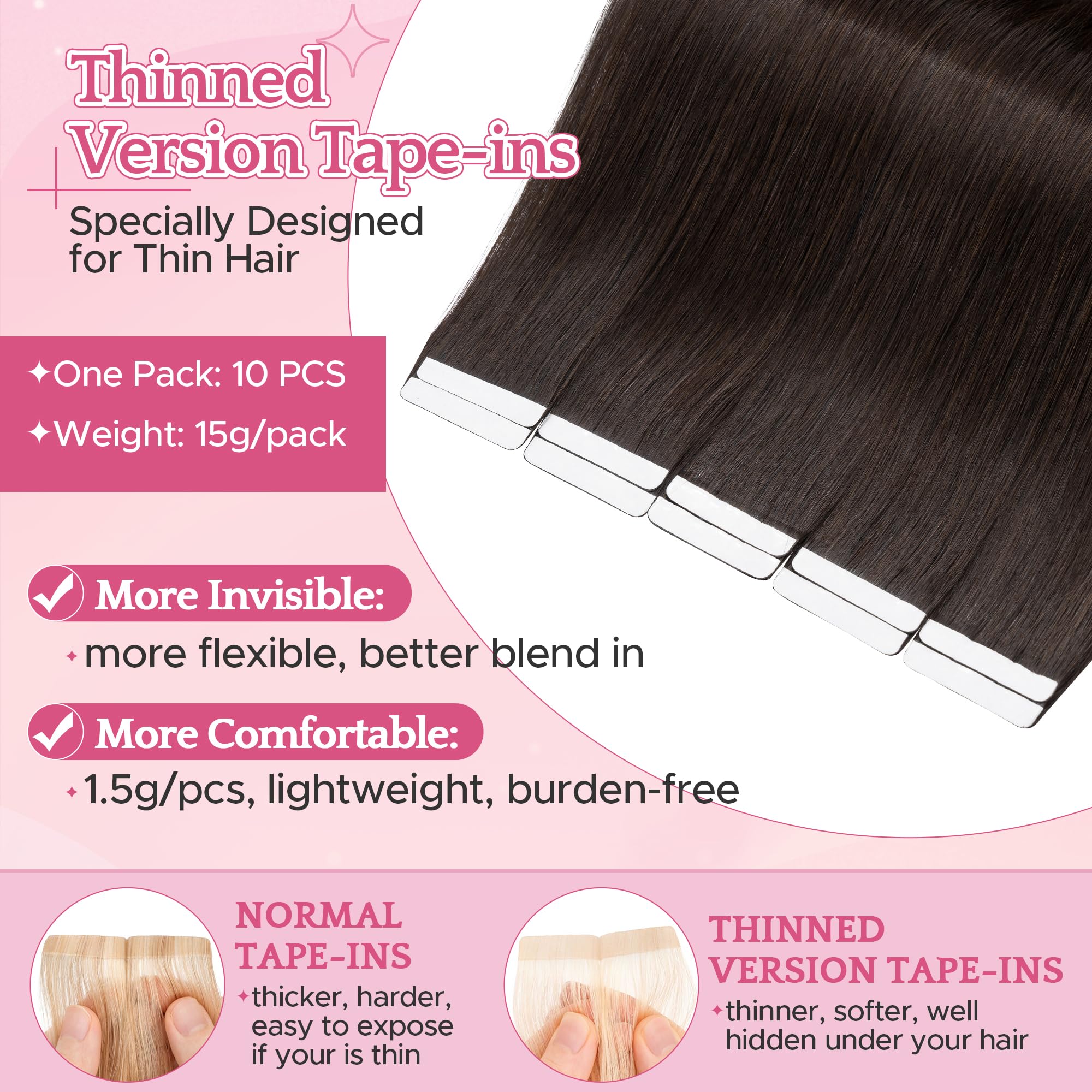 SEGO Pro Tape in Hair Extensions Real Human Hair 18 Inch 10 Pcs 15g Invisible Seamless Straight Tape Extensions for Women #02 Dark Brown - Image 3