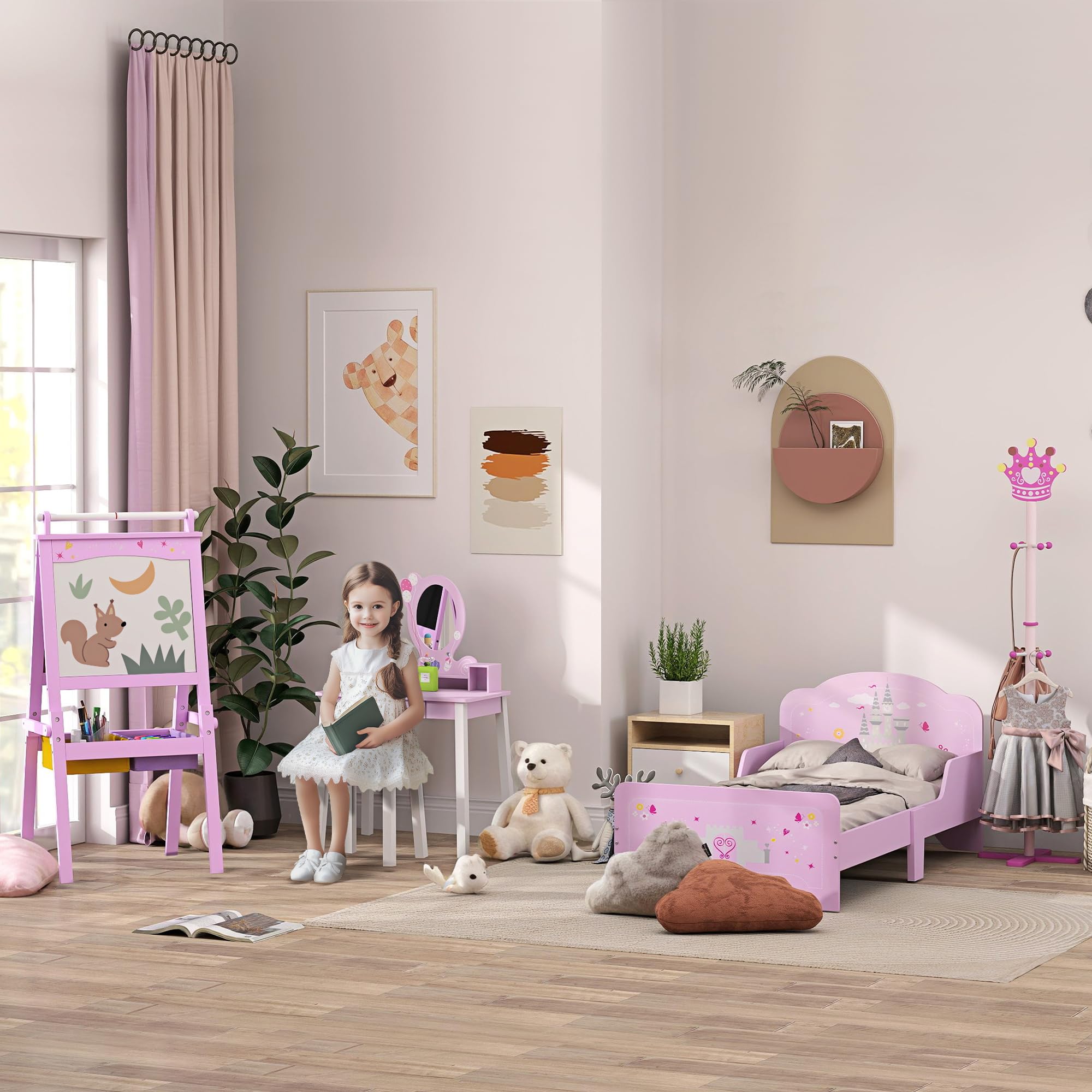 HOMCOM Lavagnetta per Bambini in Legno Rosa con Cavalletto 3 in 1: Lavagna Bianca, Nera e con Rullo Fogli di Carta