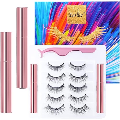 EARLLER Magnetic Lashes 5 Pairs Magnetic Eyelashes with Eyeliner Kit, Natural Look False Lashes with Applicator - Easy to Apply and No Glue Needed, 3D & 5D Reusable Short and Long Eyelashes Set